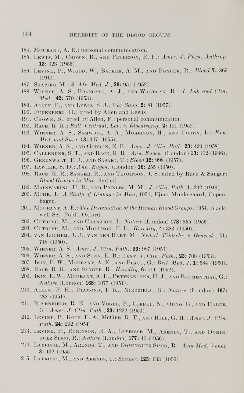 144 HEREDITY OF THE BLOOD GROUPS 184. Mourant, A. E.: personal communication. 185. Lewis, M., Chown, В., and Peterson, R. F.; Amer. J. Phys. Anthrop. 13: 323 (1955). 186. Levine, P., Wigod, W., Backer, A. M., and Ponder, R.: Blood 7: 869 (1949). 187. Shapiro, M.:S. Afr. Med. J., 26: 951 (1952). 188. Wiener, A. S., Brancato, A. J., and Waltman, R.: J. Lab and Clin. Med., 42: 570 (1953). 189. Allen, F., and Lewis, S. J.: Vox Sang. 2: 81 (1957). 190. Fudenberg, H.: cited by Allen and Lewis. 191. Chown, В., cited by Allen, F.: personal communication. 192. Race, R. R.: Bull. Centraal. Lab. v. Bloedtransf. 2: 191 (1952). 193. Wiener, A. S., Samwick, A. A., Morrison, H., and Cohen, L.: Exp. Med. and Surg. 13: 347 (1955). 194. Wiener, A. S., and Gordon, E. В.: Amer. J. Clin. Path. 23: 429 (1958). 195. Callender, S. T., and Race, R. R.: Ann. Eugen. (London) 13: 102 (1946). 196. Greenwalt, T. J., and Sasaki, T.: Blood 12: 998 (1957). 197. Lawler, S. D.: Ann. Eugen. (London) 15: 255 (1950). 198. Race, R. R., Sanger, R., and Thompson, J. S; cited by Race & Sanger: Blood Groups in Man, 2nd ed. 199. Mainwaring, H. R., and Pickle.s, M. M.: J. Clin. Path. 1: 292 (1948). 200. Möhr, J.: A Study of Linkage in Man, 1954, Ejnar Munksgaard, Copen¬ hagen. 201. Mourant, A. E.: The Distribution of the Human Blood Groups. 1954, Black- well Sci. Pubi., Oxford. 202. CuTBUSH, M., and Chanarin, I.: Nature (London) 178: 855 (1956). 203. CuTBUSH, M., AND MoLLisoN, P. L. : Heredity, 4: 383 (1950). 204. van Loghem, J. J., van der Hart, M.: Nederl. Tijdschr. v. Gencesk., 11: 748 (1950). 205. Wiener, A. S.: Amer. J. Clin. Path., 23: 987 (1953). 206. Wiener, A. S., and Sonn, E. В.: Amer. J. Clin. Path., 23 : 708 (1953). 207. Ikin, е. W., Mourant, А. E., and Plaut, G.: Brit. Med. J. 1: 584 (1950). 208. Race, R. R., and Sanger, R.: Heredity, 6: 111 (1952). 209. Ikin, E. W., Mourant, A. E., Pettenkofer, H. J., and Blumenthal, G.: Nature (London) 168: 1077 (1951). 210. Allen, F. H., Diamond, I. K., Niedziela, В.: Nature (London) 167: 482 (1951). 211. Rosenfield, R. е., and Vogel, p., Gibbel, N., Ohno, G., and Haber, G.; Amer. J. Clin. Path., 23: 1222 (1953). 212. Levine, P., Koch, E. A., McGee, R. T., and Hill, G. H.: Amer. J. Clin. Path. 24: 292 (1954). 213. Levine, P., Robinson, E. A., Layrisse, M., Arends, T., and Domín¬ guez Sisco, R.: Nature (London) 177: 40 (1956). 214. Layrisse, M., Arends, T., and Domínguez Sisco, R.: Acta Med. Venez. 3: 132 (1955). 215. Layrisse, M., and Arends, t.: Science, 123: 633 (1956).