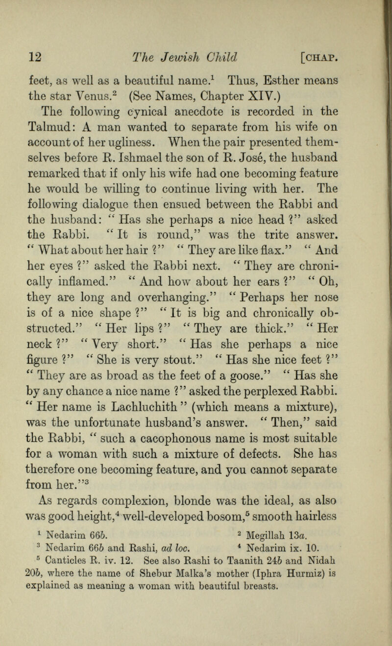 12 The Jewish Child [chap. feet, as well as a beautiful name.^ Thus, Esther means the star Venus.^ (See Names, Chapter XIV.) The following cynical anecdote is recorded in the Talmud: A man wanted to separate from his wife on account of her ugliness. When the pair presented them¬ selves before R. Ishmael the son of R. José, the husband remarked that if only his wife had one becoming feature he would be willing to continue living with her. The following dialogue then ensued between the Rabbi and the husband: Has she perhaps a nice head ? asked the Rabbi. It is round, was the trite answer. What about her hair ? They are like flax. And her eyes ? asked the Rabbi next. They are chroni¬ cally inflamed.  And how about her ears ? Oh, they are long and overhanging. Perhaps her nose is of a nice shape ? It is big and chronically ob¬ structed. ''Her lips? ''They are thick. Her neck ?  Very short.  Has she perhaps a nice figure ?  She is very stout.  Has she nice feet ?  They are as broad as the feet of a goose.  Has she by any chance a nice name ? asked the perplexed Rabbi.  Her name is Lachluchith  (which means a mixture), was the unfortunate husband's answer.  Then, said the Rabbi,  such a cacophonous name is most suitable for a woman with such a mixture of defects. She has therefore one becoming feature, and you cannot separate from her.^ As regards complexion, blonde was the ideal, as also was good height,^ well-developed bosom,^ smooth hairless ^ Nedarim 666. ^ Megillah 13a. ^ Nedarim 666 and Rashi, ad loc. ^ Nedarim ix. 10. ® Canticles R. iv. 12. See also Rashi to Taanith 246 and Nidah 20Ò, where the name of Shebur Malka's mother (Iphra Hurmiz) is explained as meaning a woman with beautiful breasts.