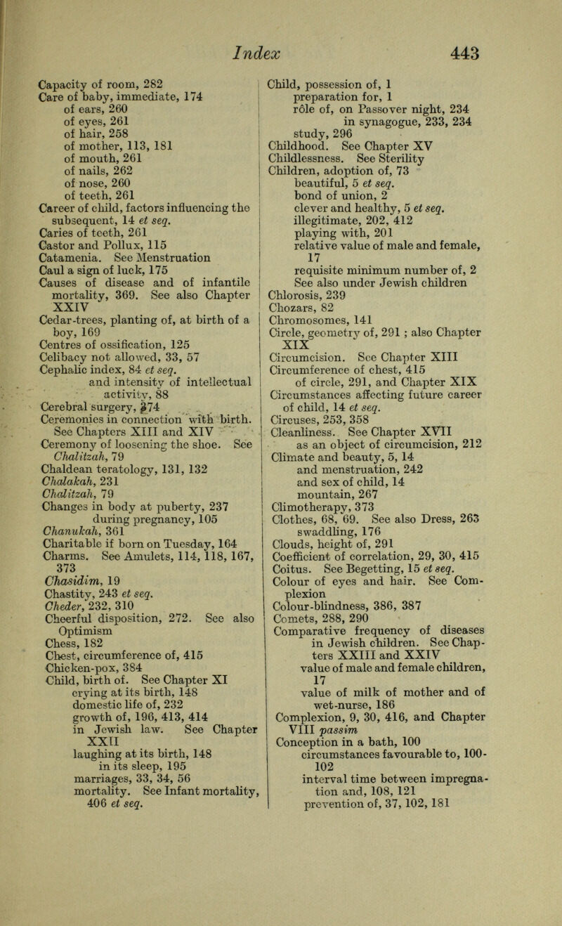 Index 443 Capacity of room, 282 Care of baby, immediate, 174 of ears, 260 of eyes, 261 of hair, 258 of mother, 113, 181 of mouth, 261 of nails, 262 of nose, 260 of teeth, 261 Career of child, factors influencing the subsequent, 14 et seq. Caries of teeth, 261 Castor and Pollux, 115 Catamenia. See Menstruation Caul a sign of luck, 175 j Causes of disease and of infantile i mortaUty, 369. See also Chapter I XXIV ' Cedar-trees, planting of, at birth of a boy, 169 Centres of ossification, 125 Celibacy not allowed, 33, 57 Cephalic index, 84 ct seq. and intensity of intellectual activity, 88 Cerebral surgery, ^74 Ceremonies in connection wit li birth. See Chapters XIII and XIV ' ■ Ceremony of loosening the shoe. See Clmlitzah, 79 Chaldean teratology, 131, 132 Chalakah, 231 ChcditzaJi, 79 Changes in body at puberty, 237 during pregnancy, 105 Chanukali, 361 Charitable if born on Tuesdaj'', 164 Charms. See Amulets, 114, 118, 167, 373 Chasidim, 19 Chastity, 243 et seq. Cheder, 232, 310 Cheerful disposition, 272. See also Optimism Chess, 182 Chest, circumference of, 415 Chicken-pox, 384 Child, birth of. See Chapter XI crjdng at its birth, 148 domestic life of, 232 growth of, 196, 413, 414 in Jewish law. See Chapter XXII laughing at its birth, 148 in its sleep, 195 marriages, 33, 34, 56 mortality. See Infant mortality, 406 et seq. Child, possession of, 1 preparation for, 1 rôle of, on Passover night, 234 in synagogue, 233, 234 study, 296 Childhood. See Chapter XV Childlessness. See Sterility Children, adoption of, 73 beautiful, 5 et seq. bond of union, 2 clever and healthy, 5 et seq. illegitimate, 202, 412 playing with, 201 relative value of male and female, 17 requisite minimum number of, 2 See also under Jewish children Chlorosis, 239 Chozars, 82 Chromosomes, 141 Grcle, geometrj'- of, 291 ; also Chapter XIX Circumcision. See Chapter XIII Circumference of chest, 415 of circle, 291, and Chapter XIX Circumstances affecting future career of child, 14 et seq. Circuses, 253, 358 Cleanliness. See Chapter XVII as an object of circumcision, 212 Climate and beauty, 5, 14 and menstruation, 242 and sex of child, 14 mountain, 267 Climotherapy, 373 Clothes, 68, 69. See also Dress, 265 swaddHng, 176 Clouds, height of, 291 Coefficient of correlation, 29, 30, 415 Coitus. See Begetting, 15 ei seq. Colour of eyes and hair. See Com¬ plexion Colour-blindness, 386, 387 Comets, 288, 290 Comparative frequency of diseases in Jewish cliildren. See Chap¬ ters XXIII and XXIV value of male and female children, 17 value of milk of mother and of wet-nurse, 186 Complexion, 9, 30, 416, and Chapter VIII passim Conception in a bath, 100 circumstances favourable to, 100- 102 interval time between impregna¬ tion and, 108, 121 prevention of, 37, 102, 181