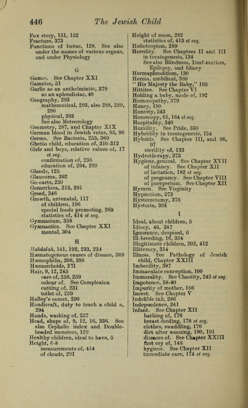 446 The Jewish Child Fox story, 151, 162 Fracture, 373 Functions of fœtus, 128. See also under the names of various organs, and under Physiology G Games. See Chapter XXI Gametes, 51 Garlic as an anthelmintic, 379 as an aphrodisiac, 40 Geography, 293 mathematical, 293, also 288, 289, 290 physical, 293 See also Meteorology Geometry, 287, and Chapter XIX German blood in Jewish veins, 95, 96 Germs. See Bacteria, 255, 369 Ghetto child, education of, 310-312 Girls and boys, relative values of, 17 et seq. confirmation of, 236 education of, 294, 295 Glands, 125 Glaucoma, 392 Go-carts, 230 Gonorrhoea, 213, 391 Greed, 346 Growth, antenatal, 117 of children, 196 special foods promoting, 269 statistics of, 414 et seq. Gymnasium, 358 Gymnastics. See Chapter XXI mental, 304 H Uabdalah, 141, 192, 233, 234 Hematogenous causes of disease, 369 Haomophilia, 206, 386 Haemorrhoids, 271 Hair, 9,12, 245 care of, 258, 259 colour of. See Complexion cutting of, 231 toilet of, 259 Halley's comet, 290 Handicraft, duty to teach a child a, 294 Hands, washing of, 257 Head, ehape of, 9, 12, 16, 336. See also Cephalic index and Double- headed monsters, 129 Healthy children, ideal to have, 5 Height, 6-8 measurements of, 414 of clouds, 201 Height of room, 282 statistics of, 413 ei seq. Heliotropism, 289 Heredity. See Chapters II and III in teratogenesis, 134 See also Blindness, Deaf-mut ism. Epilepsy, and Idiocy Hermaphroditism, 130 Hernia, umbilical, 3S0  His Majesty the Baby, 195 Hittites. See Chapter VI Holding a baby, mode of, 192 Homœopathy, 379 Honey, 190 Honesty, 343 Horoscopy, 61, 164 ei seq. Hospitality, 340 Humility. See Pride, 338 Hybridity in teratogene&is, 134 Hybrids. See Chapter III, and 96, 97 sterility of, 133 Hydrotherapy, 373 Hygiene, general. See Chapter XVII of infancy. See Chapter XII of lactation, 182 et seq. of pregnancy. See Chapter VIII of Puerperium. See Chapter XII Hymen. See Virginity Hypnotism, 373 Hysterectomy, 376 Hysteria, 394 I Ideal, about children, 5 Idiocy, 46, 387 Ignorance, despised, 6 111-breeding, 16, 354 Illegitimate children, 202, 412 Illiteracy, 314 Illness. See Pathology of Jeлvish child. Chapter XXIII Imbecility, 387 Immaculate conception, 100 Immorality. See Chastity, 243 et seq. Impotence, 38-40 Impurity of mother, 186 Incest, See Chapter V Indelible ink, 286 Independence, 341 Infant. See Chapter XII bathing of, 176 breast-feeding, 118 et seq. clothes, swaddling, 176 diet after weaning, 190, 191 diseases of. See Ch^pter XXIII first cry of, 148 hygiene. See Chapter XII immediate care, 174 et seq.