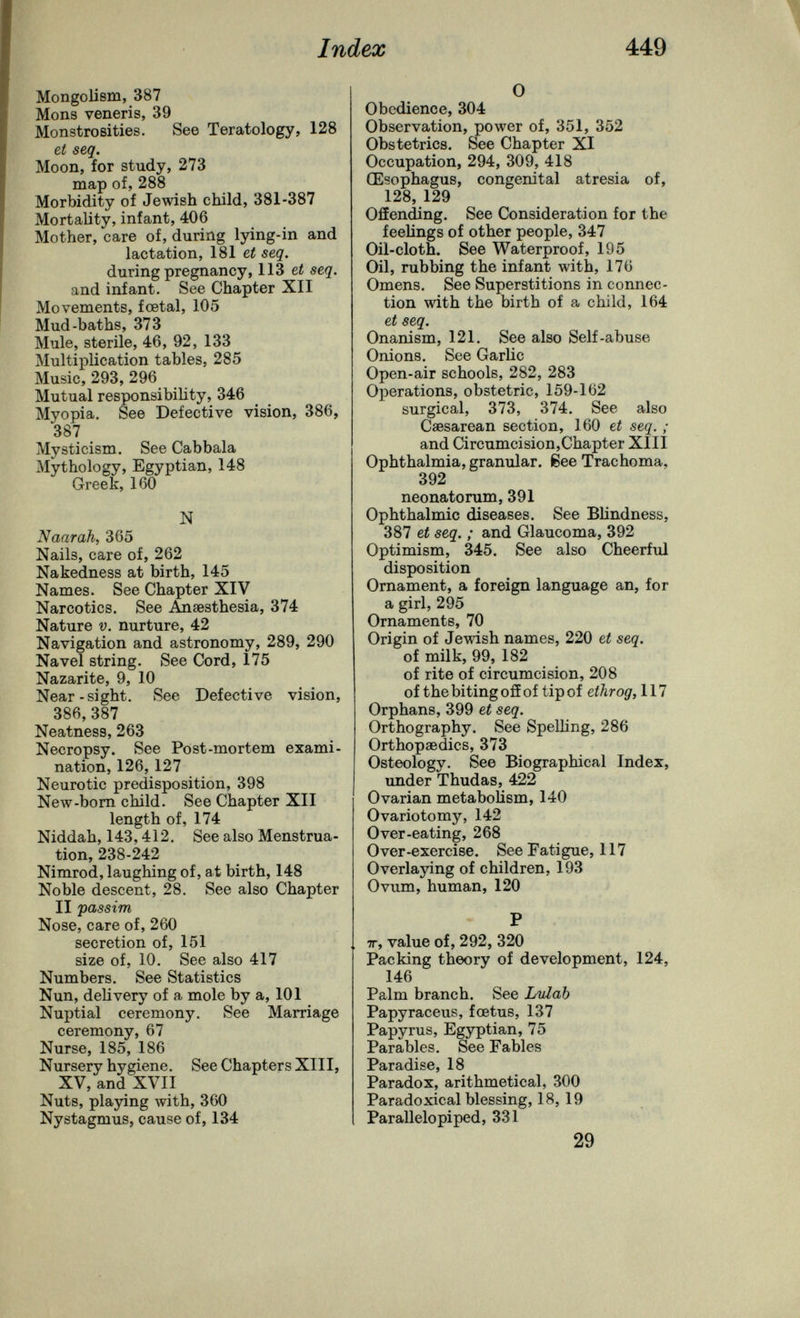 Index 449 Mongolism, 387 Möns veneris, 39 Monstrosities. See Teratology, 128 et seq. Moon, for study, 273 map of, 288 Morbidity of Jewish child, 381-387 Mortality, infant, 406 Mother, care of, during lying-in and lactation, 181 et seq. during pregnancy, 113 et seq. and infant. See Chapter XII Movements, fœtal, 105 Mud-baths, 373 Mule, sterile, 46, 92, 133 Multiplication tables, 285 Music, 293, 296 Mutual responsibility, 346 Myopia. See Defective vision, 386, 387 Mysticism. See Cabbala Mythology, Egyptian, 148 Greek, 160 N Naarah, 365 Nails, care of, 262 Nakedness at birth, 145 Names. See Chapter XIV Narcotics. See Anaesthesia, 374 Nature v. nurture, 42 Navigation and astronomy, 289, 290 Navel string. See Cord, 175 Nazarite, 9, 10 Near-sight. See Defective vision, 386,387 Neatness, 263 Necropsy. See Post-mortem exami¬ nation, 126,127 Neurotic predisposition, 398 New-born child. See Chapter XII length of, 174 Niddah, 143,412. See also Menstrua¬ tion, 238-242 Nimrod, laughing of, at birth, 148 Noble descent, 28. See also Chapter II passim Nose, care of, 260 secretion of, 151 size of, 10. See also 417 Numbers. See Statistics Nun, delivery of a mole by a, 101 Nuptial ceremony. See Marriage ceremony, 67 Nurse, 185, 186 Nursery hygiene. See Chapters XIII, XV, and XVII Nuts, playing with, 360 Nystagmus, cause of, 134 О Obedience, 304 Observation, power of, 351, 352 Obstetrics. See Chapter XI Occupation, 294, 309, 418 Œsophagus, congenital atresia of, 128, 129 Offending. See Consideration for the feelings of other people, 347 Oil-cloth. See Waterproof, 195 Oil, rubbing the infant with, 176 Omens. See Superstitions in connec¬ tion with the birth of a child, 164 et seq. Onanism, 121. See also Self-abuse Onions. See Garlic Open-air schools, 282, 283 Operations, obstetric, 159-162 surgical, 373, 374. See also Caesarean section, 160 et seq. ; and Circumcision,Chapter XIII Ophthalmia, granular, gee Trachoma, 392 neonatorum, 391 Ophthalmic diseases. See Blindness, 387 et seq. ; and Glaucoma, 392 Optimism, 345. See also Cheerful disposition Ornament, a foreign language an, for a girl, 295 Ornaments, 70 Origin of Jewish names, 220 et seq. of milk, 99, 182 of rite of circumcision, 208 of the biting off of tip of ethrog, 117 Orphans, 399 et seq. Orthography. See Spelling, 286 Orthopaedics, 373 Osteology. See Biographical Index, under Thudas, 422 Ovarian metabolism, 140 Ovariotomy, 142 Over-eating, 268 Over-exercise. See Fatigue, 117 Overlaying of children, 193 Ovum, human, 120 P TT, value of, 292, 320 Packing theory of development, 124, 146 Palm branch. See Lulab Papyraceus, fœtus, 137 Papyrus, Egyptian, 75 Parables. See Fables Paradise, 18 Paradox, arithmetical, 300 Paradoxical blessing, 18, 19 ' Parallelopiped, 331 29