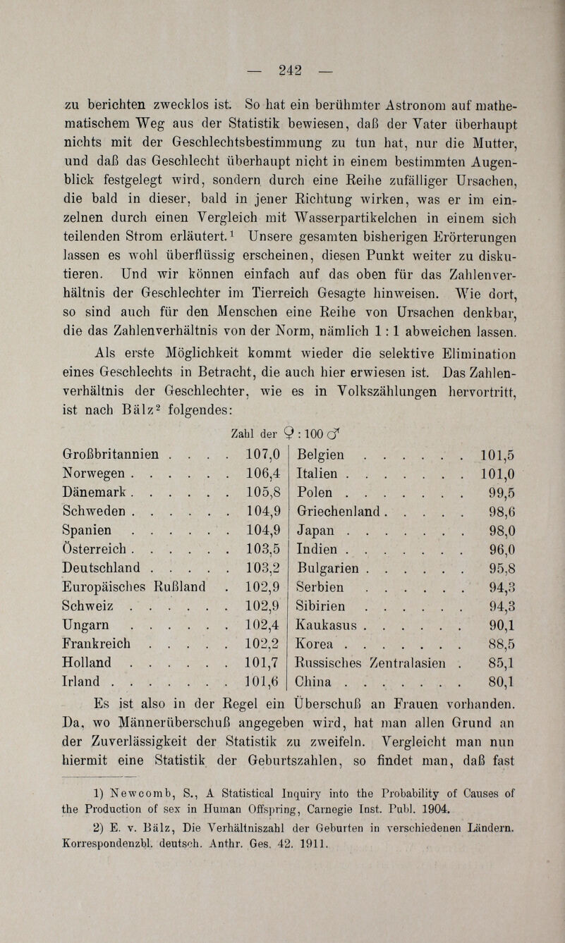 — 242 — zu berichten zwecklos ist So bat ein berühmter Astronom auf mathe¬ matischem Weg aus der Statistik bewiesen, daß der Yater überhaupt nichts mit der Geschlechtsbestimmung zu tun hat, nur die Mutter, und daß das Geschlecht überhaupt nicht in einem bestimmten Augen¬ blick festgelegt wird, sondern durch eine Reihe zufälliger Ursachen, die bald in dieser, bald in jener Richtung wirken, was er im ein¬ zelnen durch einen Vergleich mit Wasserpartikelchen in einem sich teilenden Strom erläutert. ^ Unsere gesamten bisherigen Erörterungen lassen es wohl überflüssig erscheinen, diesen Punkt weiter zu disku¬ tieren. Und лу1г können einfach auf das oben für das Zahlen Ver¬ hältnis der Geschlechter im Tierreich Gesagte hinweisen. Wie dort, so sind auch für den Menschen eine Reihe von Ursachen denkbar, die das Zahlenverhältnis von der Norm, nämlich 1:1 abweichen lassen. Als erste Möglichkeit kommt wieder die selektive Elimination eines Geschlechts in Betracht, die auch hier erwiesen ist. Das Zahlen¬ verhältnis der Geschlechter, wie es in Volkszählungen hervortritt, ist nach Bälz2 folgendes: Es ist also in der Regel ein Überschuß an Frauen vorhanden. Da, wo Männerüberschuß angegeben wird, hat man allen Grund an der Zuverlässigkeit der Statistik zu zweifeln. Vergleicht man nun hiermit eine Statistik der Geburtszahlen, so findet man, daß fast 1) Newcomb, S., А Statistical Inquiry into the Probability of Causes of the Production of sex in Human Offspring, Carnegie Inst. Pub). 1904. 2) E. V. Bälz, Die Л^erhältniszahl der Geburten in verschiedenen Ländern. Korrespondenzbl. deutsch. Anthr. Ges. 42. 1911. ,