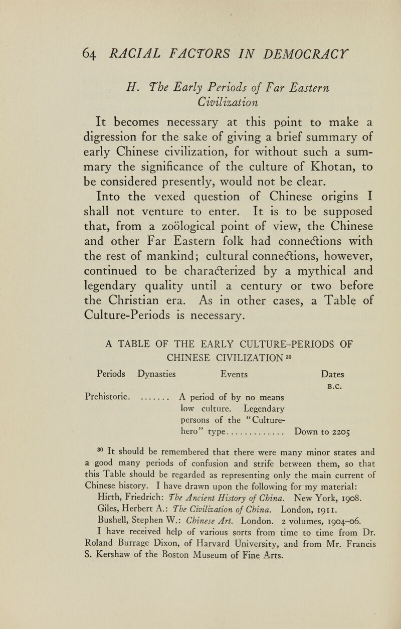 б4 RACIAL FACTORS IN DEMOCRACT H. The Early Periods of Far Eastern Civilization It becomes necessary at this point to make a digression for the sake of giving a brief summary of early Chinese civihzation, for without such a sum¬ mary the significance of the culture of Khotan, to be considered presently, would not be clear. Into the vexed question of Chinese origins I shall not venture to enter. It is to be supposed that, from a zoological point of view, the Chinese and other Far Eastern folk had connections with the rest of mankind; cultural connexions, however, continued to be charac5terized by a mythical and legendary quality until a century or two before the Christian era. As in other cases, a Table of Culture-Periods is necessary. A TABLE OF THE EARLY CULTURE-PERIODS OF CHINESE CIVILIZATION 30 Dynasties Events Dates B.c.  A period of by no means low culture. Legendary persons of the Culture- hero type Down to 2205 It should be remembered that there were many minor states and a good many periods of confusion and strife between them, so that this Table should be regarded as representing only the main current of Chinese history. I have drawn upon the following for my material: Hirth, Friedrich: The Ancient History of China. New York, 1908. Giles, Herbert A.: The Civilization of China. London, 1911. Bushell, Stephen W.: Chinese Art. London. 2 volumes, 1904-06. I have received help of various sorts from time to time from Dr. Roland Burrage Dixon, of Harvard University, and from Mr. Francis S. Kershaw of the Boston Museum of Fine Arts. Periods Prehistoric.