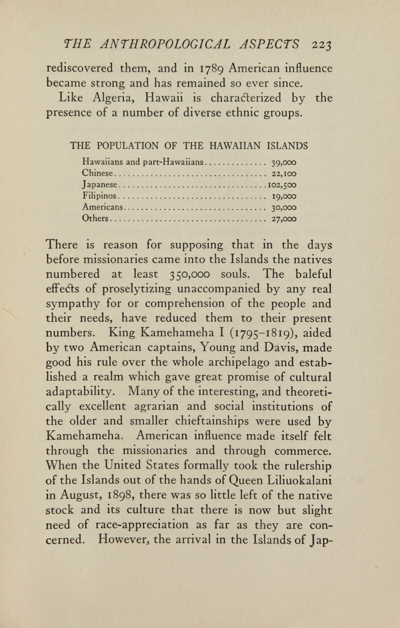 THE ANTHROPOLOGICAL ASPECTS 223 rediscovered them, and in 1789 American influence became strong and has remained so ever since. Like Algeria, Hawaii is charaélerized by the presence of a number of diverse ethnic groups. THE POPULATION OF THE HAWAHAN ISLANDS There is reason for supposing that in the days before missionaries came into the Islands the natives numbered at least 350,000 souls. The baleful efFeéls of proselytizing unaccompanied by any real sympathy for or comprehension of the people and their needs, have reduced them to their present numbers. King Kamehameha I (1795-1819), aided by two American captains. Young and Davis, made good his rule over the whole archipelago and estab¬ lished a realm which gave great promise of cultural adaptability. Many of the interesting, and theoreti¬ cally excellent agrarian and social institutions of the older and smaller chieftainships were used by Kamehameha. American influence made itself felt through the missionaries and through commerce. When the United States formally took the rulership of the Islands out of the hands of Queen Liliuokalani in August, 1898, there was so little left of the native stock and its culture that there is now but slight need of race-appreciation as far as they are con¬ cerned. However^ the arrival in the Islands of Jap- Hawaiians and part-Hawaiians 39,000 22,100 102,500 19,000 30,000 27,000 Chinese. . Japanese. Filipinos. . Americans Others...