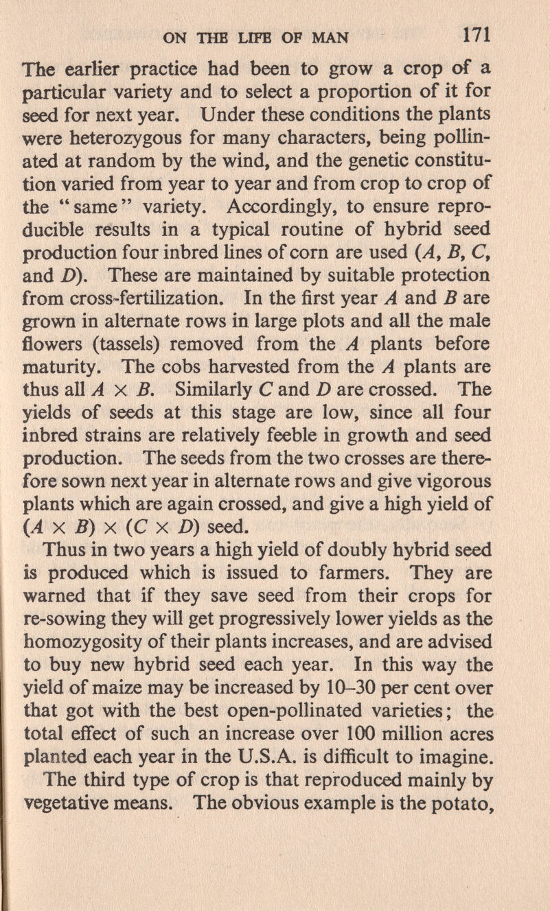 ON THE LIFE OF MAN 171 The earlier practice had been to grow a crop of a particular variety and to select a proportion of it for seed for next year. Under these conditions the plants were heterozygous for many characters, being pollin¬ ated at random by the wind, and the genetic constitu¬ tion varied from year to year and from crop to crop of the same variety. Accordingly, to ensure repro¬ ducible results in a typical routine of hybrid seed production four inbred lines of corn are used (A, B, C, and D). These are maintained by suitable protection from cross-fertiUzation. In the first year A and В are grown in alternate rows in large plots and all the male flowers (tassels) removed from the A plants before maturity. The cobs harvested from the A plants are thus all A X B. Similarly С and D are crossed. The yields of seeds at this stage are low, since all four inbred strains are relatively feeble in growth and seed production. The seeds from the two crosses are there¬ fore sown next year in alternate rows and give vigorous plants which are again crossed, and give a high yield of X Л) X (C X D) seed. Thus in two years a high yield of doubly hybrid seed is produced which is issued to farmers. They are warned that if they save seed from their crops for re-sowing they will get progressively lower yields as the homozygosity of their plants increases, and are advised to buy new hybrid seed each year. In this way the yield of maize may be increased by 10-30 per cent over that got with the best open-pollinated varieties; the total effect of such an increase over 100 million acres planted each year in the U.S.A. is difficult to imagine. The third type of crop is that reproduced mainly by vegetative means. The obvious example is the potato.