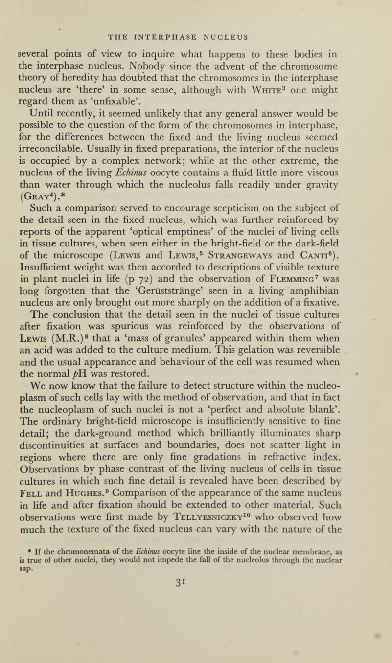 the interphase nucleus several points of view to inquire what happens to these bodies in the interphase nucleus. Nobody since the advent of the chromosome theory of heredity has doubted that the chromosomes in the interphase nucleus are 'there' in some sense, although with White^ one might regard them as 'unfixable'. Until recently, it seemed unlikely that any general answer would be possible to the question of the form of the chromosomes in interphase, for the differences between the fixed and the living nucleus seemed irreconcilable. Usually in fixed preparations, the interior of the nucleus is occupied by a complex network; while at the other extreme, the nucleus of the living Echinus oocyte contains a fluid little more viscous than water through which the nucleolus falls readily under gravity (Gray^).* Such a comparison served to encourage scepticism on the subject of the detail seen in the fixed nucleus, which was further reinforced by reports of the apparent 'optical emptiness' of the nuclei of living cells in tissue cultures, when seen either in the bright-field or the dark-field of the microscope (Lewis and Lewis,^ Strangeways and Canti®). Insufficient weight was then accorded to descriptions of visible texture in plant nuclei in life (p 72) and the observation of Flemming' was long forgotten that the 'Gerüststränge' seen in a living amphibian nucleus are only brought out more sharply on the addition of a fixative. The conclusion that the detail seen in the nuclei of tissue cultures after fixation was spurious was reinforced by the observations of Lewis (M.R.)® that a 'mass of granules' appeared within them when an acid was added to the culture medium. This gelation was reversible and the usual appearance and behaviour of the cell was resumed when the normal pVi was restored. We now know that the failure to detect structure within the nucleo¬ plasm of such cells lay with the method of observation, and that in fact the nucleoplasm of such nuclei is not a 'perfect and absolute blank'. The ordinary bright-field microscope is insufficiently sensitive to fine detail; the dark-ground method which brilliantly illuminates sharp discontinuities at surfaces and boundaries, does not scatter light in regions where there are only fine gradations in refractive index. Observations by phase contrast of the living nucleus of cells in tissue cultures in which such fine detail is revealed have been described by Fell and Hughes.® Comparison of the appearance of the same nucleus in life and after fixation should be extended to other material. Such observations were first made by Tellyesniczky^® who observed how much the texture of the fixed nucleus can vary with the nature of the • If the chromonemata of the Echinus oocyte line the inside of the nuclear membrane, as is true of other nuclei, they would not impede the fall of the nucleolus through the nuclear sap. 31
