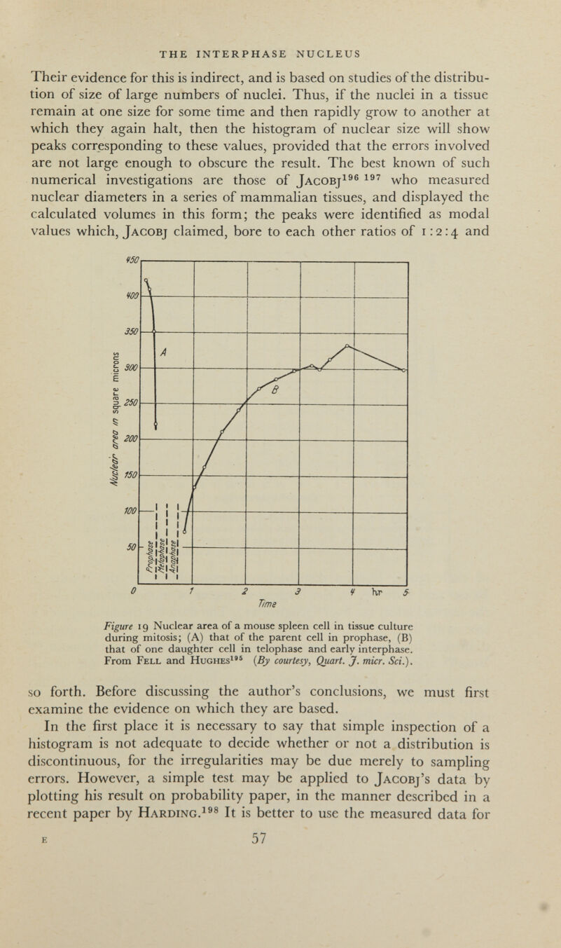 the interphase nucleus Their evidence for this is indirect, and is based on studies of the distribu¬ tion of size of large numbers of nuclei. Thus, if the nuclei in a tissue remain at one size for some time and then rapidly grow to another at which they again halt, then the histogram of nuclear size will show peaks corresponding to these values, provided that the errors involved are not large enough to obscure the result. The best known of such numerical investigations are those of Jacobj^®® who measured nuclear diameters in a series of mammalian tissues, and displayed the calculated volumes in this form; the peaks were identified as modal values which, Jacobj claimed, bore to each other ratios of 1:2:4 and m ¥00 S50 300 .250 I Ì 200 150 mo 50 0 1 2 Э Ч 5- Time Figure 19 Nuclear area of a mouse spleen cell in tissue culture during mitosis; (A) that of the parent cell in prophase, (B) that of one daughter cell in telophase and early interphase. From Fell and hughes^•® {By courtesy, Quart. J. micr. Sci.). SO forth. Before discussing the author's conclusions, we must first examine the evidence on which they are based. In the first place it is necessary to say that simple inspection of a histogram is not adequate to decide whether or not a distribution is discontinuous, for the irregularities may be due merely to sampling errors. However, a simple test may be applied to Jacobj's data by plotting his result on probability paper, in the manner described in a recent paper by Harding.^®® It is better to use the measured data for E 57