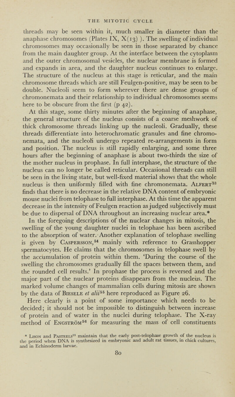 the mitotic cycle threads may be seen within it, much smaller in diameter than the anaphase chromosomes (Plates IX, X(i3) ). The swelling of individual chromosomes may occasionally be seen in those separated by chance from the main daughter group. At the interface between the cytoplasm and the outer chromosomal vesicles, the nuclear membrane is formed and expands in area, and the daughter nucleus continues to enlarge. The structure of the nucleus at this stage is reticular, and the main chromosome threads which are still Feulgen-positive, may be seen to be double. Nucleoli seem to form wherever there are dense groups of chromonemata and their relationship to individual chromosomes seems here to be obscure from the first (p 42). At this stage, some thirty minutes after the beginning of anaphase, the general structure of the nucleus consists of a coarse meshwork of thick chromosome threads linking up the nucleoli. Gradually, these threads differentiate into heterochromatic granules and fine chromo¬ nemata, and the nucleoli undergo repeated re-arrangements in form and position. The nucleus is still rapidly enlarging, and some three hours after the beginning of anaphase is about two-thirds the size of the mother nucleus in prophase. In full interphase, the structure of the nucleus can no longer be called reticular. Occasional threads can still be seen in the living state, but well-fixed material shows that the whole nucleus is then uniformly filled with fine chromonemata. Alfert^^ finds that there is no decrease in the relative DNA content of embryonic mouse nuclei from telophase to full interphase. At this time the apparent decrease in the intensity of Feulgen reaction as judged subjectively must be due to dispersal of DNA throughout an increasing nuclear area.* In the foregoing descriptions of the nuclear changes in mitosis, the swelling of the young daughter nuclei in telophase has been ascribed to the absorption of water. Another explanation of telophase swelling is given by Caspersson,®* mainly with reference to Grasshopper spermatocytes. He claims that the chromosomes in telophase swell by the accumulation of protein within them. 'During the course of the swelling the chromosomes gradually fill the spaces between them, and the rounded cell results.' In prophase the process is reversed and the major part of the nuclear proteins disappears from the nucleus. The marked volume changes of mammalian cells during mitosis are shown by the data of Biesele et aliv^ here reproduced as Figure 26. Here clearly is a point of some importance which needs to be decided; it should not be impossible to distinguish between increase of protein and of water in the nuclei during telophase. The X-ray method of Engström®® for measuring the mass of cell constituents * Lison and Pasteels^® maintain that the early post-telophase growth of the nucleus is the period when DNA is synthesized in embryonic and adult rat tissues, in chick cultures, and in Echinoderm larvae. 80