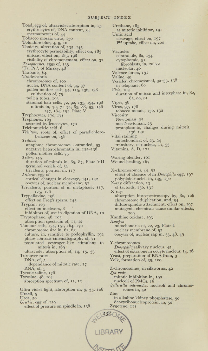 SUBJECT INDEX Toad, egg of, ultraviolet absorption in, 15 erythrocytes of, DNA content, 34 spermatocytes of, 44 Tobacco mosaic virus, 130 Toluidine blue, 4, 9, 10 Tonicity, alteration of, 135, 145 erythrocyte permeability, effect on, 185 mitosis, effect on, 185, 198 visibility of chromonemata, effect on, 32 Toxobneustes, eggs of, 'Tr. Pr.', of Mirsky, 48 Trabants, 64 Tradescantia chromosomes of, 100 nuclei, DNA content of, 34, 37 pollen mother cells, 94, 115, 136, 138 cultivation of, 75 pollen tubes, 193 staminal hair cells, 72, 92, 135, 194, 198 mitosis in, 70, 71-74, 85, 88, 93, 146- 147, 184, 191, Plate V Trephocytes, 170, 171 Trephones, 163 secreted by leucocytes, 170 Tricitonucleic acid, 6 Tricitum, roots of, effect of paradichloro- benzene on, 198 Trillium anaphase chromosomes 4-stranded, 93 negative heterochromatin in, 135-136 pollen mother cells, 75 Triton, 145 duration of mitosis in, 85, 87, Plate VII germinal vesicle of, 52 trivalente, position in, 117 Triturus, egg of cortical changes in cleavage, 141, 142 oocytes of, nuclear membrane, 52 Trivalents, position of in metaphase, 117, 125, 126 Trypaflavine, 196 effect on Frog's sperm, 143 Trypsin, 103 effect on nucleases, 8 inhibitors of, use in digestion of DNA, i о Tryptophane, 48, 103 absorption spectrum of, 11, 12 Tumour cells, 134, 151, 164, 170 chromosome size in, 62, 63 culture, in, sensitive to podophyllin, 192 phase-contrast cinematography of, 71 postulated oestrogen-like stimulant to mitosis in, 169 ultraviolet absorption of, 14, 15, 33 Turnover rates DNA, of, 5 dépendance of mitotic rate, 17 RNA, of, 5 Tyrode saline, 176 Tyrosine, 48, 104 absorption spectrum of, 11, 12 Ultra-violet light, absorption in, 9, 35, 106 Uracil, 5 Urea, 50 Utechis, egg of, 139 effect of pressure on spindle in, 138 Urethane, 185 as mitotic inhibitor, 191 Usnic acid cleavage, effect on, 197 j . P®* uptake, effect on, 200 Vacuoles contractile, 82, 134 cytoplasmic, 51 fibroblasts, in, 20-22 nucleolar, 40 Valence forces, 131 Valine, 49 Vesicles, chromosomal, 32—33» ^3 in telophase, 80 Vicia, 103 _ -о duration of mitosis and interphase in, 82, 85, 90, 91 Viper, 38 Virus, 97, 178 tobacco mosaic, 130, 132 Viscosity Newtonian, 25 non-Newtonian, 25 protoplasmic, changes during mitosis, 136-140 Vital staining mitochondria, of, 23, 24 transitory, of nucleus, 11, 53 Vitamins, A, D, 171 Waring blender, loi Wound healing, 167 X-chromosomes, 44, 93 effect of absence of in Drosophila egg, 197 polyploid nuclei, in, 149, 150 X-ray diffraction, 13 of tactoids, 130, 131 X-rays absorption histospectroscopy by, 80, 106 chromosome duplication, and, 94 diffuse spindle attachment, effect on, 197 mutagenic chemicals cause similar effects, 209 Xanthine oxidase, 193 Xenopus mitochondria of, 22, 23, Plate I nuclear membrane of, 52 oocytes of, nuclear sap in, 33, 48, 49 Y -chromosomes Drosophila salivary nucleus, 45 effect of extra one in oocyte nucleus, 14, 16 Yeast, preparation of RNA from, 3 Yolk, formation of, 39, 100 Z-chromosomes, in silkworms, 42 Zea mais mitotic inhibition in, 190 nucleoli of PMCs, 16 ZMeriella intermedia, nucleoli and chromo¬ somes in, 42 Zinc in alkaline kidney phosphatese, 50 deoxyribonucleoprotein, in, 50 Zygotene, m library CO-n-rv