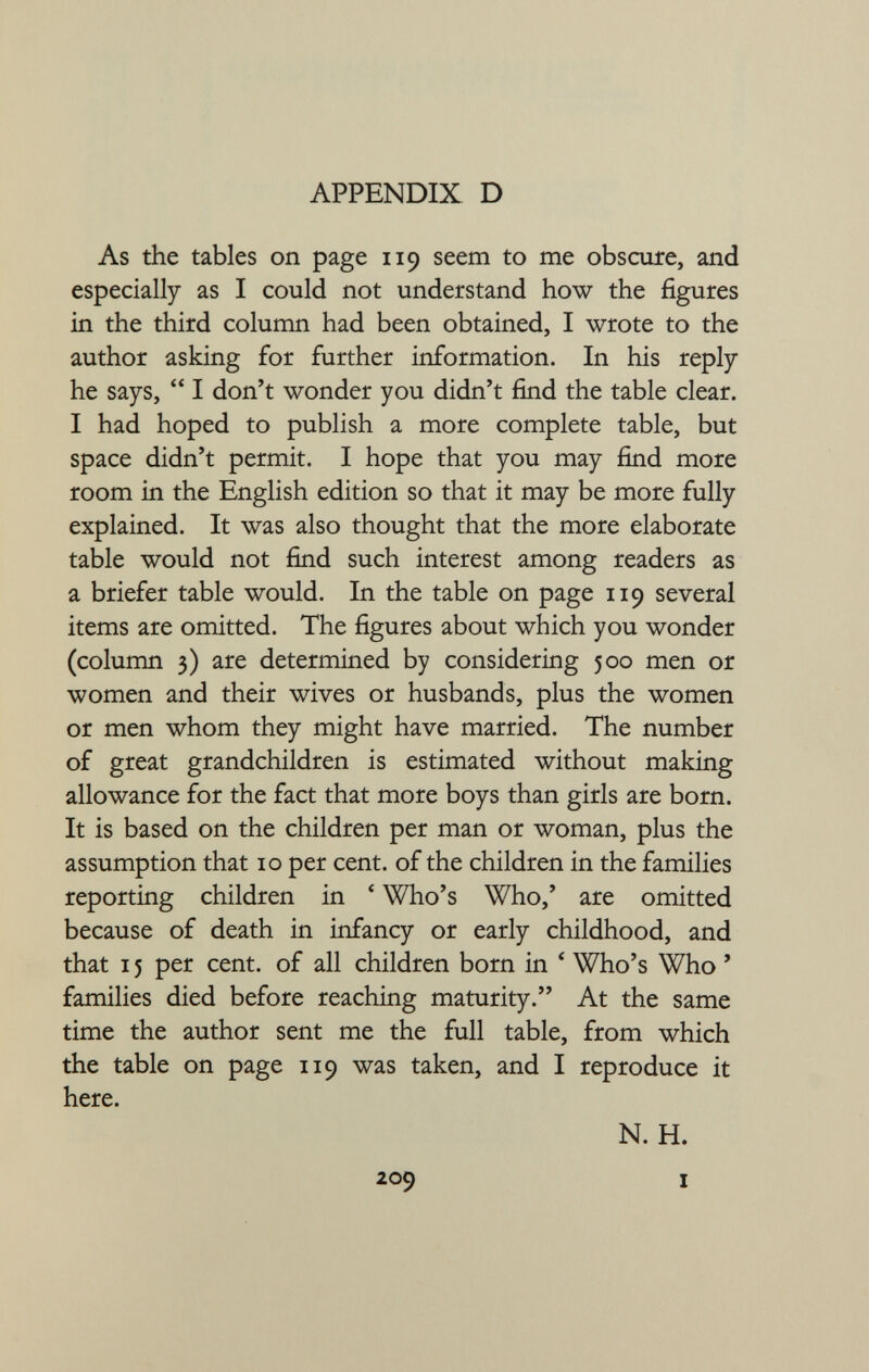 APPENDIX D As the tables on page 119 seem to me obscure, and especially as I could not understand how the figures in the third column had been obtained, I wrote to the author asking for further information. In his reply he says,  I don't wonder you didn't find the table clear. I had hoped to publish a more complete table, but space didn't permit. I hope that you may find more room in the English edition so that it may be more fully explained. It was also thought that the more elaborate table would not find such interest among readers as a briefer table would. In the table on page 119 several items are omitted. The figures about which you wonder (column 3) are determined by considering 500 men or women and their wives or husbands, plus the women or men whom they might have married. The number of great grandchildren is estimated without making allowance for the fact that more boys than girls are born. It is based on the children per man or woman, plus the assumption that 10 per cent, of the children in the families reporting children in ' Who's Who,' are omitted because of death in infancy or early childhood, and that 15 per cent, of all children born in 4 Who's Who ' families died before reaching maturity. At the same time the author sent me the full table, from which the table on page 119 was taken, and I reproduce it here. N. H. 209 i