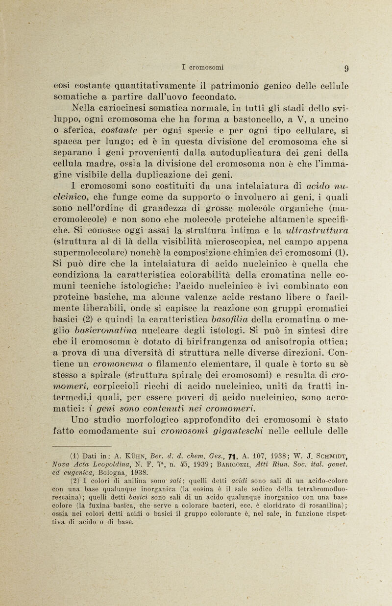 così costante quantitativamente il patrimonio genico delle cellule somatiche a partire dall'uovo fecondato. Nella cariocinesi somatica normale, in tutti gli stadi dello svi luppo, ogni cromoisoma che ha forma a bastoncello, a V, a uncino o sferica, costante per ogni specie e per ogni tipo cellulare, si spacca per lungo; ed è in questa divisione del cromosoma che si separano i geni provenienti dalla autoduplicatura dei geni della cellula madre, ossia la divisione del cromosoma non è che l'imma gine visibile della duplicazione dei geni. I cromosomi sono costituiti da una intelaiatura di acido nu cleínico, che funge come da supporto o involucro ai geni, i quali sono nell'ordine di grandezza di grosse molecole organiche (ma cromolecole) e non sono che molecole proteiche altamente specifi che. Si conosce oggi assai la struttura intima e la ultrastruttura (struttura al di là della visibilità microscopica, nel campo appena supermolecolare) nonchè la composizione chimica dei cromosomi (1). Si può dire che la intelaiatura di acido nucleínico è quella che condiziona la caratteristica colorabilità della cromatina nelle co muni tecniche istologiche: l'acido nucleínico è ivi combinato con proteine basiche, ma alcune valenze acide restano libere o facil mente iliberabili, onde si capisce la reazione con gruppi cromatici basici (2) e quindi la caratteristica basofilia della cromatina o me glio basicromatina nucleare degli istologi. Si può in sintesi dire che il cromosoma è dotato di birifrangenza od anisotropia ottica; a prova di una diversità di struttura nelle diverse direzioni. Con tiene un cromonema o filamento elementare, il quale è torto su sè stesso a spirale (struttura spirale dei cromosomi) e resulta di cro momeri, corpiccioli ricchi di acido nucleínico, uniti da tratti in termedi,i quali, per essere poveri di acido nucleínico, sono acro matici: i geni sono contenuti nei cromomeli. Uno studio morfologico approfondito dei cromosomi è stato fatto comodamente sui cromosomi giganteschi nelle cellule delle (1) Dati in; A. Kühn, Ber. d. d. ehem. Ges., 71, A. 107, 1938; W. J. Schmidt, Nova Acta Leopoldina, N. F. 7 a , n. 415, 1939 ; Barigozzi, Atti Riun. Soc. ital. genet, ed eugenica, Bologna, 1938. (2) I colori di anilina sono sali', quelli detti acidi sono sali di un acido-colore con una base qualunque inorganica (la eosina è il sale sodico della tetrabromofluo- rescaina) ; quelli detti basici sono sali di un acido qualunque inorganico con una base colore (la fuxina basica, che serve a colorare bacteri, ecc. è cloridrato di rosanilina); ossia nei colori detti acidi o basici il gruppo colorante è, nel sale, in funzione rispet tiva di acido o di base.