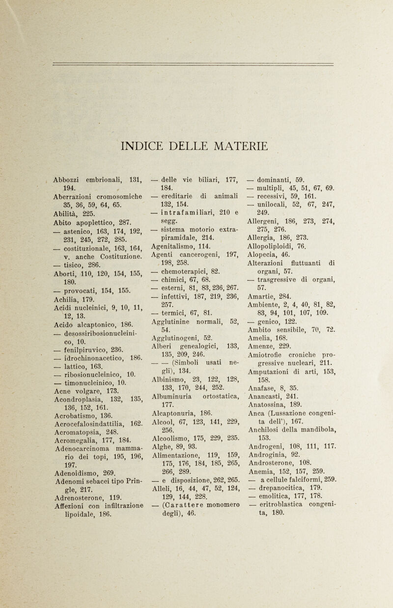 INDICE DELLE MATERIE Abbozzi embrionali, 131, 194. Aberrazioni cromosomiche 35, 36, 59, 64, 65. Abilità, 225. Abito apoplettico, 287. — astenico, 163, 174, 192, 231, 245, 272, 285. — costituzionale, 163, 164, v. anche Costituzione. — tisico, 286. Aborti, 110, 120, 154, 155, 180. — provocati, 154, 155. Achilia, 179. Acidi nucleinici, 9, 10, 11, 12, 13. Acido alcaptonico, 186. — desossiribosionucleini- co, 10. — fenilpiruvico, 236. ■— idrochinonacetico, 186. — lattico, 163. — ribosionucleinico, 10. — timonucleinico, 10. Acne volgare, 173. Acondroplasia, 132, 135, 136, 152, 161. Acrobatismo, 136. Acrocefalosindattilia, 162. Acromatopsia, 248. Acromegalia, 177, 184. Adenocarcinoma mamma rio dei topi, 195, 196, 197. Adenoidismo, 269. Adenomi sebacei tipo Prin gle, 217. Adrenosterone, 119. Affezioni con infiltrazione lipoidale, 186. — delle vie biliari, 177, 184. — ereditarie di animali 132, 154. — in traf amiliari, 210 e segg. — sistema motorio extra piramidale, 214. Agenitalismo, 114. Agenti cancerogeni, 197, 198, 258. — chemoterapici, 82. — chimici, 67, 68. — esterni, 81, 83, 236, 267. — infettivi, 187, 219, 236, 257. — termici, 67, 81. Agglutinine normali, 52, 54. Agglutinogeni, 52. Alberi genealogici, 133, 135, 209, 246/ — — (Simboli usati ne gli), 134. Albinismo, 23, 122, 128, 133, 170, 244, 252. Albuminuria ortostatica, 177. Alcaptonuria, 186. Alcool, 67, 123, 141, 229, 256. Alcoolismo, 175, 229, 235. Alghe, 89, 93. Alimentazione, 119, 159, 175, 176, 184, 185, 265, 266, 289. — e disposizione, 262, 265. Alleli, 16, 44, 47, 52, 124, 129, 144, 228. — (Carattere monomero degli), 46. — dominanti, 59. — multipli, 45, 51, 67, 69. — recessivi, 59, 161. — unilocali, 52, 67, 247, 249. Allergeni, 186, 273, 274, 275, 276. Allergia, 186, 273. Allopoliploidi, 76. Alopecia, 46. Alterazioni fluttuanti di organi, 57. — trasgressive di organi, 57. Amartie, 284. Ambiente, 2, 4, 40, 81, 82, 83, 94, 101, 107, 109. — genico, 122. Ambito sensibile, 70, 72. Amelia, 168. Amenze, 229. Amiotrofie croniche pro gressive nucleari, 211. Amputazioni di arti, 153, 158. Anafase, 8, 35. Anancasti, 241. Anatossina, 189. Anca (Lussazione congeni ta dell'), 167. Anchilosi della mandibola, 153. Androgeni, 108, 111, 117. Androginia, 92. Androsterone, 108. Anemia, 152, 157, 259. — a cellule falciformi, 259. — drepanocitica, 179. — emolitica, 177, 178. — eritroblastica congeni ta, 180.