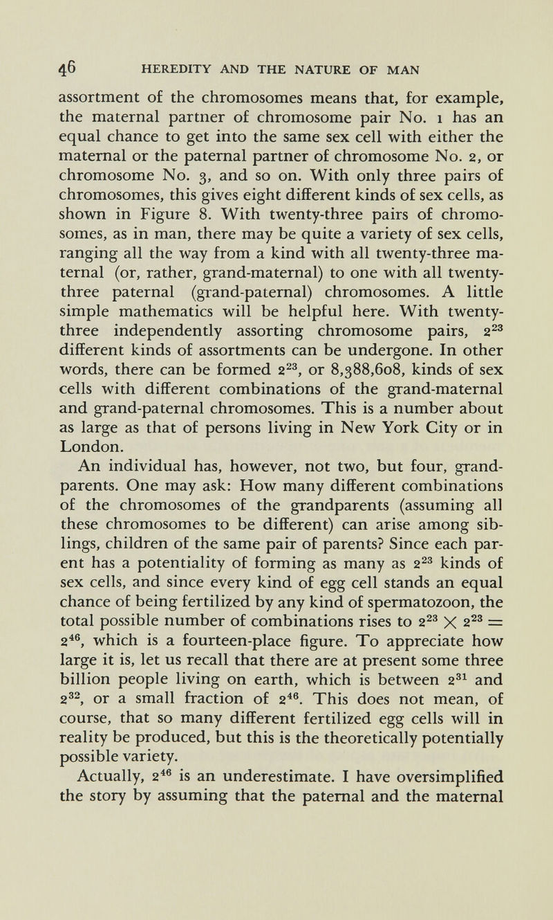 4б HEREDITY AND THE NATURE OF MAN assortment of the chromosomes means that, for example, the maternal partner of chromosome pair No. i has an equal chance to get into the same sex cell with either the maternal or the paternal partner of chromosome No. 2, or chromosome No. 3, and so on. With only three pairs of chromosomes, this gives eight different kinds of sex cells, as shown in Figure 8. With twenty-three pairs of chromo¬ somes, as in man, there may be quite a variety of sex cells, ranging all the way from a kind with all twenty-three ma¬ ternal (or, rather, grand-maternal) to one with all twenty- three paternal (grand-patemal) chromosomes. A little simple mathematics will be helpful here. With twenty- three independently assorting chromosome pairs, 2^® different kinds of assortments can be undergone. In other words, there can be formed 2^^, or 8,388,608, kinds of sex cells with different combinations of the grand-maternal and grand-paternal chromosomes. This is a number about as large as that of persons living in New York City or in London. An individual has, however, not two, but four, grand¬ parents. One may ask: How many different combinations of the chromosomes of the grandparents (assuming all these chromosomes to be different) can arise among sib¬ lings, children of the same pair of parents? Since each par¬ ent has a potentiality of forming as many as 2^^ kinds of sex cells, and since every kind of egg cell stands an equal chance of being fertilized by any kind of spermatozoon, the total possible number of combinations rises to 223 2^3 = 2^®, which is a fourteen-place figure. To appreciate how large it is, let us recall that there are at present some three billion people living on earth, which is between 2^^ and 2^^ or a small fraction of 2^®. This does not mean, of course, that so many different fertilized egg cells will in reality be produced, but this is the theoretically potentially possible variety. Actually, 2'^® is an underestimate. I have oversimplified the story by assuming that the paternal and the maternal