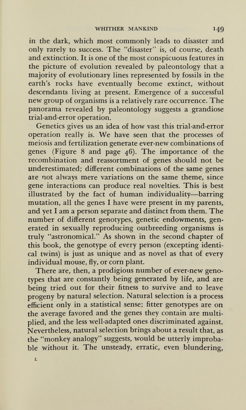 WHITHER MANKIND 149 in the dark, which most commonly leads to disaster and only rarely to success. The disaster is, of course, death and extinction. It is one of the most conspicuous features in the picture of evolution revealed by paleontology that a majority of evolutionary lines represented by fossils in the earth's rocks have eventually become extinct, without descendants living at present. Emergence of a successful new group of organisms is a relatively rare occurrence. The panorama revealed by paleontology suggests a grandiose trial-and-error operation. Genetics gives us an idea of how vast this trial-and-error operation really is. We have seen that the processes of meiosis and fertilization generate ever-new combinations of genes (Figure 8 and page 46). The importance of the recombination and reassortment of genes should not be underestimated; different combinations of the same genes are not always mere variations on the same theme, since gene interactions can produce real novelties. This is best illustrated by the fact of human individuality—barring mutation, all the genes I have were present in my parents, and yet I am a person separate and distinct from them. The number of different genotypes, genetic endowments, gen¬ erated in sexually reproducing outbreeding organisms is truly astronomical. As shown in the second chapter of this book, the genotype of every person (excepting identi¬ cal twins) is just as unique and as novel as that of every individual mouse, fly, or corn plant. There are, then, a prodigious number of ever-new geno¬ types that are constantly being generated by life, and are being tried out for their fitness to survive and to leave progeny by natural selection. Natural selection is a process efficient only in a statistical sense; fitter genotypes are on the average favored and the genes they contain are multi¬ plied, and the less well-adapted ones discriminated against. Nevertheless, natural selection brings about a result that, as the monkey analogy suggests, would be utterly improba¬ ble without it. The unsteady, erratic, even blundering, L