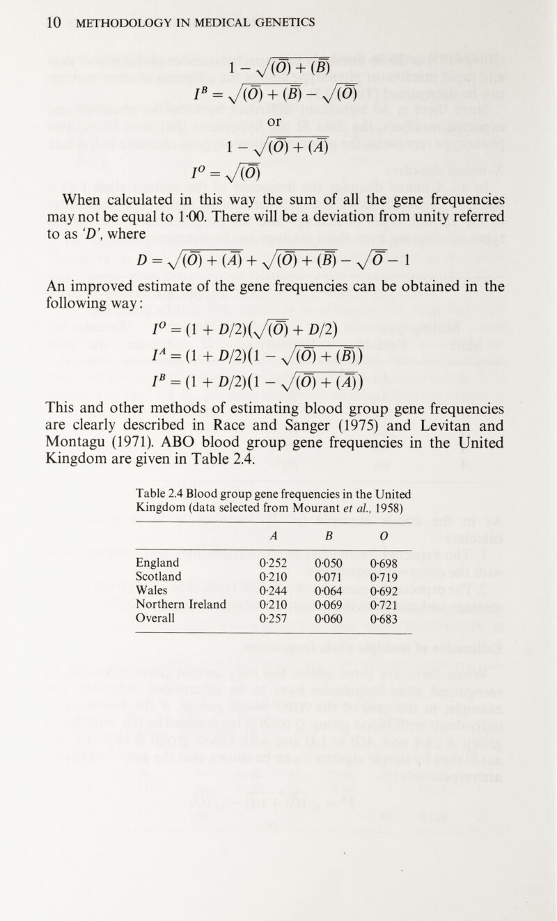 1 - J(0) + (B) I B = J(5) + - or i - Jm + (À] i° = ~M When calculated in this way the sum of all the gene frequencies may not be equal to 1-00. There will be a deviation from unity referred to as D\ where D = 7(0) + (J) + y<Ö) + (B) - 1 An improved estimate of the gene frequencies can be obtained in the following way : i° = (i + Dß)(jW) + m) l Á = (\ + D/2)(1 - V (Ö> + (Bï) / e = (1 + D/2)(l - VOTTM)) This and other methods of estimating blood group gene frequencies are clearly described in Race and Sanger (1975) and Levitan and Montagu (1971). ABO blood group gene frequencies in the United Kingdom are given in Table 2.4. Table 2.4 Blood group gene frequencies in the United Kingdom (data selected from Mourant et al., 1958) A B 0 England 0-252 0-050 0-698 Scotland 0-210 0-071 0-719 Wales 0-244 0-064 0-692 Northern Ireland 0-210 0-069 0-721 Overall 0-257 0-060 0-683