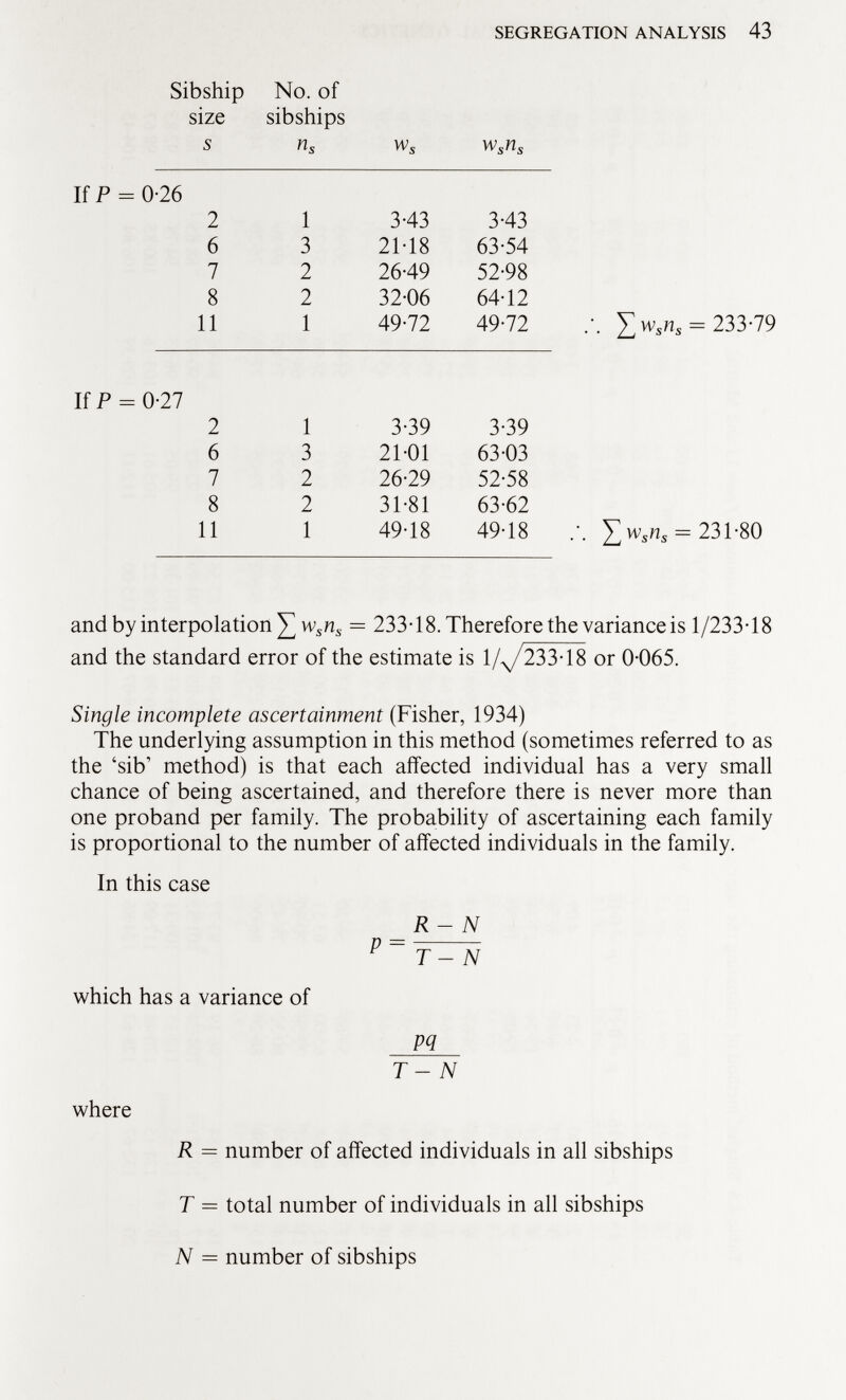 If p Sibship No. of size sibships s n s w s w s n s 0-26 2 1 3-43 3-43 6 3 21-18 63-54 7 2 26-49 52-98 8 2 32-06 64-12 11 1 49-72 49-72 £w s n s = 233-79 IfP = 0-27 2 1 3-39 3-39 6 3 21-01 63-03 7 2 26-29 52-58 8 2 31-81 63-62 11 1 49-18 49-18 w s n s = 231-80 and by interpolation £w s n s = 233-18. Therefore the variance is 1/233-18 and the standard error of the estimate is 1/^/233-18 or 0-065. Single incomplete ascertainment (Fisher, 1934) The underlying assumption in this method (sometimes referred to as the 'sib' method) is that each affected individual has a very small chance of being ascertained, and therefore there is never more than one proband per family. The probability of ascertaining each family is proportional to the number of affected individuals in the family. In this case R - N P = y T - N which has a variance of pq T - N where R = number of affected individuals in all sibships T = total number of individuals in all sibships N = number of sibships