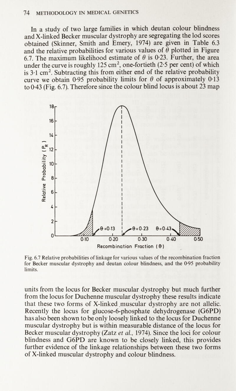 In a study of two large families in which deutan colour blindness and X-linked Becker muscular dystrophy are segregating the lod scores obtained (Skinner, Smith and Emery, 1974) are given in Table 6.3 and the relative probabilities for various values of 6 plotted in Figure 6.7. The maximum likelihood estimate of 9 is 0-23. Further, the area under the curve is roughly 125 cm 2 , one-fortieth (2-5 per cent) of which is 3-1 cm 2 . Subtracting this from either end of the relative probability curve we obtain 0-95 probability limits for 6 of approximately 0-13 to 0-43 (Fig. 6.7). Therefore since the colour blind locus is about 23 map Fig. 6.7 Relative probabilities of linkage for various values of the recombination fraction for Becker muscular dystrophy and deutan colour blindness, and the 0-95 probability limits. units from the locus for Becker muscular dystrophy but much further from the locus for Duchenne muscular dystrophy these results indicate that these two forms of X-linked muscular dystrophy are not allelic. Recently the locus for glucose-6-phosphate dehydrogenase (G6PD) has also been shown to be only loosely linked to the locus for Duchenne muscular dystrophy but is within measurable distance of the locus for Becker muscular dystrophy (Zatz et al, 1974). Since the loci for colour blindness and G6PD are known to be closely linked, this provides further evidence of the linkage relationships between these two forms of X-linked muscular dystrophy and colour blindness. 18 0 010 0-20 0-30 0-40 Recombination Fraction (0-) 0-50