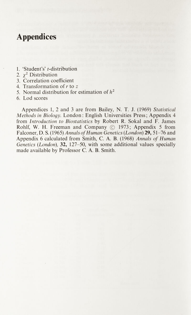 Appendices 1. 'Student's' /-distribution 2. j 2 Distribution 3. Correlation coefficient 4. Transformation of r to z 5. Normal distribution for estimation of h 2 6. Lod scores Appendices 1, 2 and 3 are from Bailey, N. T. J. (1969) Statistical Methods in Biology. London: English Universities Press; Appendix 4 from Introduction to Biostatistics by Robert R. Sokal and F. James Rohlf, W. H. Freeman and Company (ç) 1973; Appendix 5 from Falconer, D. S. (1965 ) Annals of Human Genetics (London ) 29, 51-76 and Appendix 6 calculated from Smith, C. A. B. (1968) Annals of Human Genetics (London), 32, 127-50, with some additional values specially made available by Professor C. A. B. Smith.