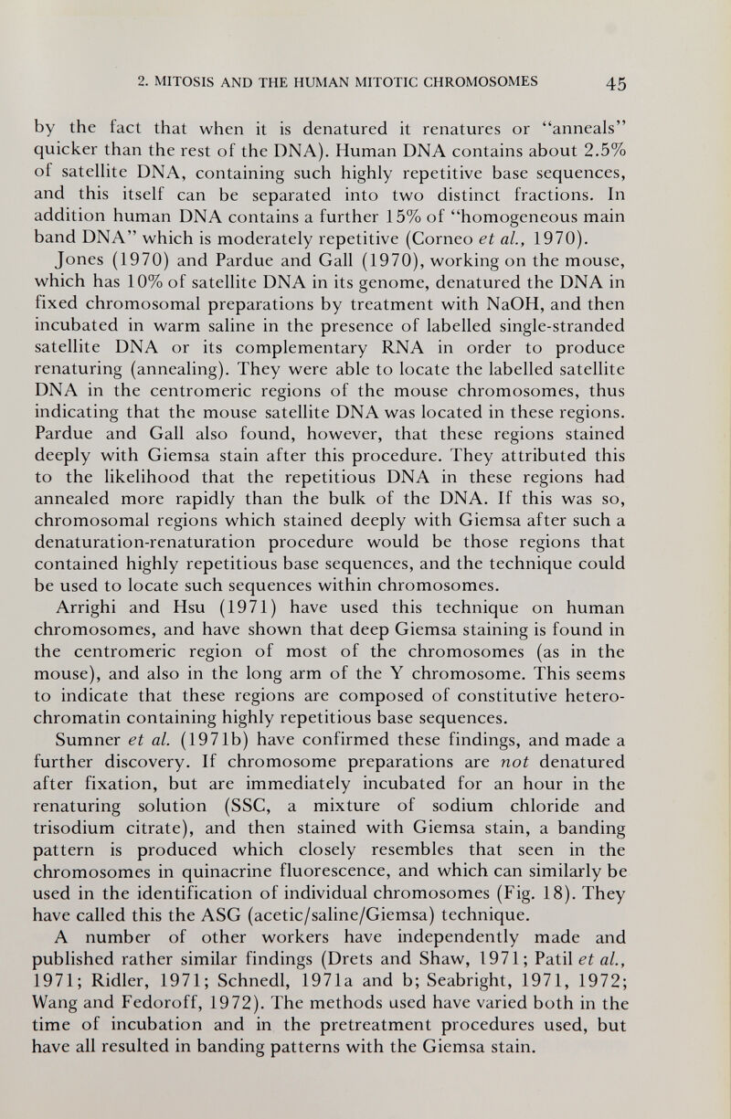 2. MITOSIS AND THE HUMAN MITOTIC CHROMOSOMES 45 by the fact that when it is denatured it renatures or anneals quicker than the rest of the DNA). Human DNA contains about 2.5% of sateUite DNA, containing such highly repetitive base sequences, and this itself can be separated into two distinct fractions. In addition human DNA contains a further 15% of homogeneous main band DNA which is moderately repetitive (Corneo et al., 1970). Jones (1970) and Pardue and Gall (1970), working on the mouse, which has 10% of satellite DNA in its genome, denatured the DNA in fixed chromosomal preparations by treatment with NaOH, and then incubated in warm saline in the presence of labelled single-stranded satellite DNA or its complementary RNA in order to produce renaturing (annealing). They were able to locate the labelled satellite DNA in the centromeric regions of the mouse chromosomes, thus indicating that the mouse satellite DNA was located in these regions. Pardue and Gall also found, however, that these regions stained deeply with Giemsa stain after this procedure. They attributed this to the likelihood that the repetitious DNA in these regions had annealed more rapidly than the bulk of the DNA. If this was so, chromosomal regions which stained deeply with Giemsa after such a denaturation-renaturation procedure would be those regions that contained highly repetitious base sequences, and the technique could be used to locate such sequences within chromosomes. Arrighi and Hsu (1971) have used this technique on human chromosomes, and have shown that deep Giemsa staining is found in the centromeric region of most of the chromosomes (as in the mouse), and also in the long arm of the Y chromosome. This seems to indicate that these regions are composed of constitutive hetero- chromatin containing highly repetitious base sequences. Sumner et al. (1971b) have confirmed these findings, and made a further discovery. If chromosome preparations are not denatured after fixation, but are immediately incubated for an hour in the renaturing solution (SSC, a mixture of sodium chloride and trisodium citrate), and then stained with Giemsa stain, a banding pattern is produced which closely resembles that seen in the chromosomes in quinacrine fluorescence, and which can similarly be used in the identification of individual chromosomes (Fig. 18). They have called this the ASG (acetic/saline/Giemsa) technique. A number of other workers have independently made and published rather similar findings (Drets and Shaw, 1971; Patii a/., 1971; Ridler, 1971; Schnedl, 1971a and b; Seabright, 1971, 1972; Wang and Fedoroff, 1972). The methods used have varied both in the time of incubation and in the pretreatment procedures used, but have all resulted in banding patterns with the Giemsa stain.