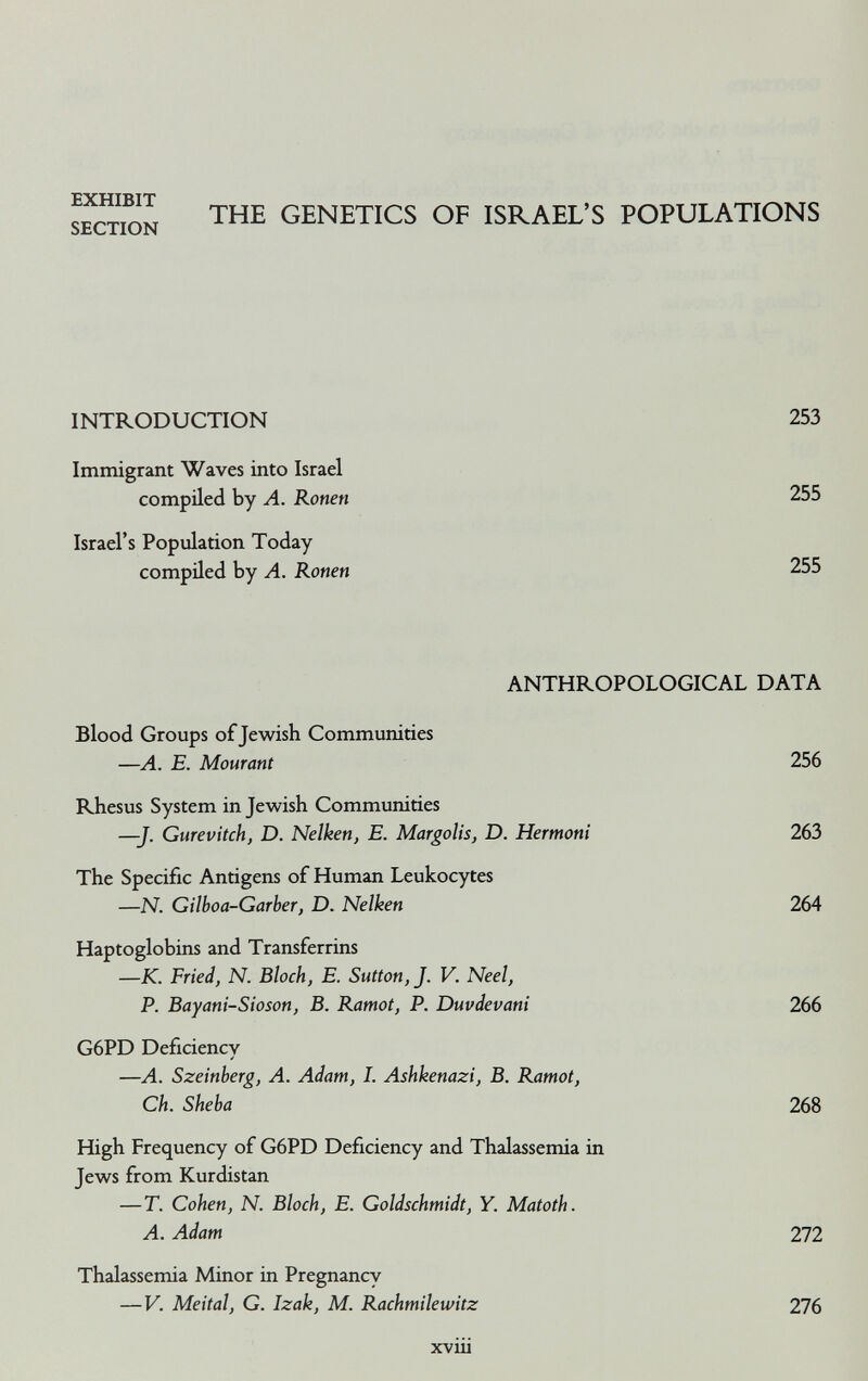 s^ctton GENETICS OF ISRAEL'S POPULATIONS INTRODUCTION 253 Immigrant Waves into Israel compiled by A. Ronen 255 Israel's Population Today compiled by A. Ronen 255 ANTHROPOLOGICAL DATA Blood Groups of Jewish Communities —A. E. Mourant 256 Rhesus System in Jewish Communities —J. Gurevitch, D. Nelken, E. Margolis, D. Hermoni 263 The Specific Antigens of Human Leukocytes —N. Gilboa-Garher, D. Nelken 264 Haptoglobins and Transferrins —K. Fried, N. Bloch, E. Sutton, J. V. Neel, P. Bayani-Sioson, B. Ramot, P. Duvdevani 266 G6PD Deficiency —A. Szeinberg, A. Adam, I. Ashkenazi, B. Ramot, Ch. Sheba 268 High Frequency of G6PD Deficiency and Thalassemia in Jews from Kurdistan —T. Cohen, N. Bloch, E. Goldschmidt, Y. Matoth. A. Adam 272 Thalassemia Minor in Pregnancy —V. Meital, G. Izak, M. Rachmilewitz 276 xviii