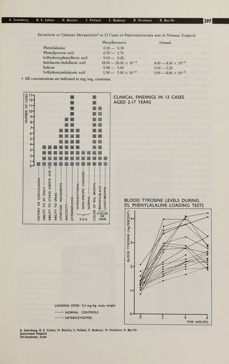 A. Szcinberg В. E. Cohen H. Boíchís S. Pollack E. Bodon/i N. Hirshorn R. Bar-Or 297 Excretion of Urinary Metabolitesì in 13 Cases of Phenylketonuria and in Normal Subjects Phenylketonurics Normals Phenylalanine 0.20 — 0.30 Phcnylpyruvic acid 0.70— 1.75 6-Hydroxyphenyllactic acid 0.10 — 0.20 Indobceric-IndoUactic acid 18.00 — 20.00 X 10^ 4.00 — 8.00 X 10~' Indican 0.08— 1.00 0.02 — 0.25 5-Hydroxyindolacctic acid 1.90— 3.50 x 10^ 3.00 — 8.00 x 10' t АД concentrations are indicated in mg./mg. creatinine. I3t Ê 10- 0 Г 9- Э z 7- 6- 5- 4- 2- I- 0-1 о < > о >- < ? о о z .< г 2 Р COLOR и HAIR CLINICAL FINDINGS IN 13 CASES AGED 2-17 YEARS BLOOD TYROSINE LEVELS DURING DL PHENYLALALINE LOADING TESTS LOADING DOSE: 0.3 mg./kg. body weight  NORMAL CONTROLS HETEROZYGOTES A. Szeinberf. B. E. Cohen, H. Bolchls, S. Pollack, E. Bodonyl, N. HIrshorn, R. Bar>Or Government Hospital Td-Hoshcmer, ¡srati