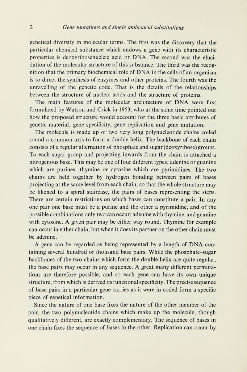 2 Gene mutations and single aminoacid substitutions genetical diversity in molecular terms. The first was the discovery that the particular chemical substance which endows a gene with its characteristic properties is deoxyribosenucleic acid or DNA. The second was the eluci¬ dation of the molecular structure of this substance. The third was the recog¬ nition that the primary biochemical role of DNA in the cells of an organism is to direct the synthesis of enzymes and other proteins. The fourth was the unravelling of the genetic code. That is the details of the relationships between the structure of nucleic acids and the structure of proteins. The main features of the molecular architecture of DNA were first formulated by Watson and Crick in 1953, who at the same time pointed out how the proposed structure would account for the three basic attributes of genetic material; gene specificity, gene rephcation and gene mutation. The molecule is made up of two very long polynucleotide chains coiled round a common axis to form a double helix. The backbone of each chain consists of a regular alternation of phosphate and sugar (deoxyribose) groups. To each sugar group and projecting inwards from the chain is attached a nitrogenous base. This may be one of four different types; adenine or guanine which are purines, thymine or cytosine which are pyrimidines. The two chains are held together by hydrogen bonding between pairs of bases projecting at the same level from each chain, so that the whole structure may be likened to a spiral staircase, the pairs of bases representing the steps. There are certain restrictions on which bases can constitute a pair. In any one pair one base must be a purine and the other a pyrimidine, and^of the possible combinations only two can occur; adenine with thymine, and guanine with cytosine. A given pair may be either way round. Thymine for example can occur in either chain, but when it does its partner on the other chain must be adenine. A gene can be regarded as being represented by a length of DNA con¬ taining several hundred or thousand base pairs. While the phosphate-sugar backbones of the two chains which form the double hehx are quite regular, the base pairs may occur in any sequence. A great many different permuta¬ tions are therefore possible, and so each gene can have its own unique structure, from which is derived its functional specificity. The precise sequence of base pairs in a particular gene carries as it were in coded form a specific piece of genetical information. Since the nature of one base fixes the nature of the other member of the pair, the two polynucleotide chains which make up the molecule, though qualitatively different, are exactly complementary. The sequence of bases in one chain fixes the sequence of bases in the other. Replication can occur by