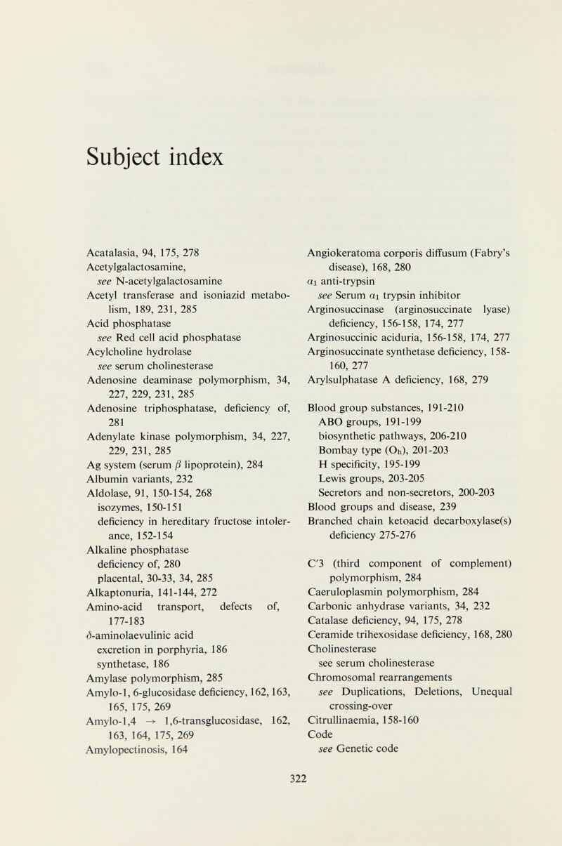 Subject index Acatalasia, 94, 175, 278 Acetylgalactosamine, see N-acetylgalactosamine Acetyl transferase and isoniazid metabo¬ lism, 189, 231, 285 Acid phosphatase see Red cell acid phosphatase Acylcholine hydrolase see serum Cholinesterase Adenosine deaminase polymorphism, 34, 111, 229, 231, 285 Adenosine triphosphatase, deficiency of, 281 Adenylate kinase polymorphism, 34, 227, 229, 231, 285 Ag system (serum ß lipoprotein), 284 Albumin variants, 232 Aldolase, 91, 150-154, 268 isozymes, 150-151 deficiency in hereditary fructose intoler¬ ance, 152-154 Alkaline phosphatase deficiency of, 280 placental, 30-33, 34, 285 Alkaptonuria, 141-144, 272 Amino-acid transport, defects of, 177-183 á-aminolaevulinic acid excretion in porphyria, 186 synthetase, 186 Amylase polymorphism, 285 Amylo-1, 6-glucosidase deficiency, 162,163, 165, 175, 269 Amylo-1,4 ^ 1,6-transglucosidase, 162, 163, 164, 175, 269 Amylopectinosis, 164 Angiokeratoma corporis diffusum (Fabry's disease), 168, 280 ai anti-trypsin see Serum ai trypsin inhibitor Arginosuccinase (arginosuccinate lyase) deficiency, 156-158, 174, 277 Arginosuccinic aciduria, 156-158, 174, 277 Arginosuccinate synthetase deficiency, 158- 160, 277 Arylsulphatase A deficiency, 168, 279 Blood group substances, 191-210 ABO groups, 191-199 biosynthetic pathways, 206-210 Bombay type (Oh), 201-203 H specificity, 195-199 Lewis groups, 203-205 Secretors and non-secretors, 200-203 Blood groups and disease, 239 Branched chain ketoacid decarboxylase(s) deficiency 275-276 C'3 (third component of complement) polymorphism, 284 Caeruloplasmin polymorphism, 284 Carbonic anhydrase variants, 34, 232 Catalase deficiency, 94, 175, 278 Ceramide trihexosidase deficiency, 168, 280 Cholinesterase see serum Cholinesterase Chromosomal rearrangements see Duplications, Deletions, Unequal crossing-over Citrullinaemia, 158-160 Code see Genetic code 322