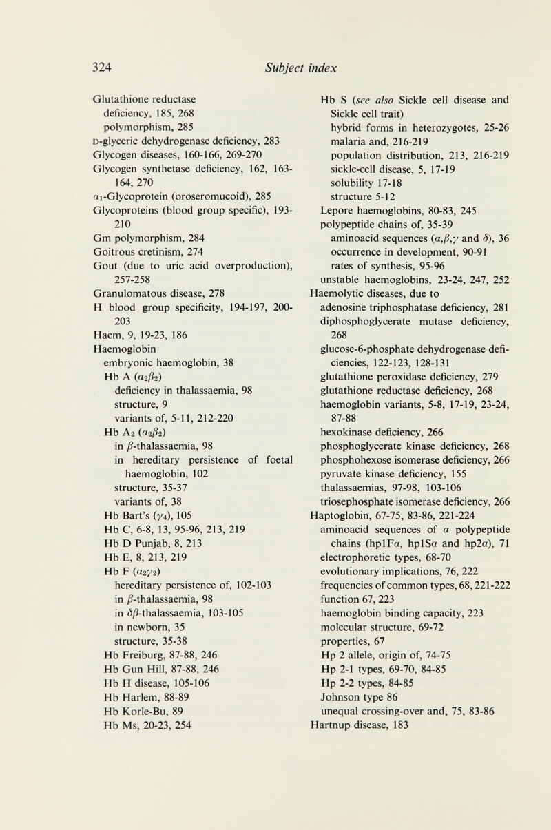 324 Subject index Glutathione reductase deficiency, 185, 268 polymorphism, 285 D-glyeerie dehydrogenase deficiency, 283 Glycogen diseases, 160-166, 269-270 Glycogen synthetase deficiency, 162, 163- 164, 270 ai-Glycoprotein (oroseromucoid), 285 Glycoproteins (blood group specific), 193- 210 Gm polymorphism, 284 Goitrous cretinism, 274 Gout (due to uric acid overproduction), 257-258 Granulomatous disease, 278 H blood group specificity, 194-197, 200- 203 Haem, 9, 19-23, 186 Haemoglobin embryonic haemoglobin, 38 Hb A (аг/Зг) deficiency in thalassaemia, 98 structure, 9 variants of, 5-11, 212-220 Hb Аг (oizß^) in )S-thalassaemia, 98 in hereditary persistence of foetal haemoglobin, 102 structure, 35-37 variants of, 38 Hb Bart's (yi), 105 Hb С, 6-8, 13, 95-96, 213, 219 Hb D Punjab, 8, 213 Hb E, 8, 213, 219 Hb F (0272) hereditary persistence of, 102-103 in /3-thalassaemia, 98 in ój3-thalassaemia, 103-105 in newborn, 35 structure, 35-38 Hb Freiburg, 87-88, 246 Hb Gun Hill, 87-88, 246 Hb H disease, 105-106 Hb Harlem, 88-89 Hb Korle-Bu, 89 Hb Ms, 20-23, 254 Hb s (see also Sickle cell disease and Sickle cell trait) hybrid forms in heterozygotes, 25-26 malaria and, 216-219 population distribution, 213, 216-219 sickle-cell disease, 5, 17-19 solubility 17-18 structure 5-12 Lepore haemoglobins, 80-83, 245 polypeptide chains of, 35-39 aminoacid sequences ia,ß,y and ô), 36 occurrence in development, 90-91 rates of synthesis, 95-96 unstable haemoglobins, 23-24, 247, 252 Haemolytic diseases, due to adenosine triphosphatase deficiency, 281 diphosphoglycerate mutase deficiency, 268 glucose-6-phosphate dehydrogenase defi¬ ciencies, 122-123, 128-131 glutathione peroxidase deficiency, 279 glutathione reductase deficiency, 268 haemoglobin variants, 5-8, 17-19, 23-24, 87-88 hexokinase deficiency, 266 phosphoglycerate kinase deficiency, 268 phosphohexose isomerase deficiency, 266 pyruvate kinase deficiency, 155 thalassaemias, 97-98, 103-106 triosephosphate isomerase deficiency, 266 Haptoglobin, 67-75, 83-86, 221-224 aminoacid sequences of a polypeptide chains (hplFa, hplSa and hp2a), 71 electrophoretic types, 68-70 evolutionary implications, 76, 222 frequencies of common types, 68,221-222 function 67, 223 haemoglobin binding capacity, 223 molecular structure, 69-72 properties, 67 Hp 2 allele, origin of, 74-75 Hp 2-1 types, 69-70, 84-85 Hp 2-2 types, 84-85 Johnson type 86 unequal crossing-over and, 75, 83-86 Hartnup disease, 183