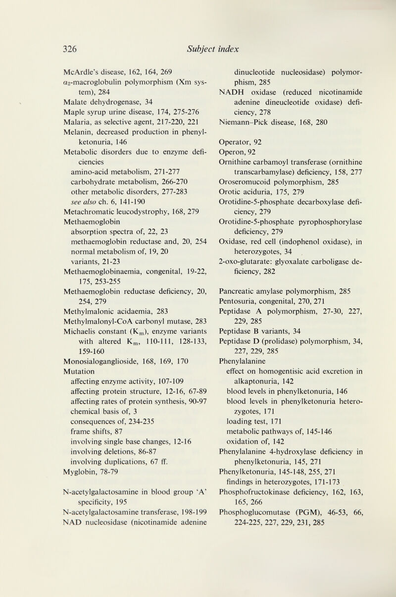 326 Subject index McArdle's disease, 162, 164, 269 a2-macroglobulin polymorphism (Xm sys¬ tem), 284 Malate dehydrogenase, 34 Maple syrup urine disease, 174, 275-276 Malaria, as selective agent, 217-220, 221 Melanin, decreased production in phenyl¬ ketonuria, 146 Metabolic disorders due to enzyme defi¬ ciencies amino-acid metabolism, 271-277 carbohydrate metabolism, 266-270 other metabolic disorders, 277-283 see also ch. 6, 141-190 Metachromatic leucodystrophy, 168, 279 Methaemoglobin absorption spectra of, 22, 23 methaemoglobin reductase and, 20, 254 normal metabolism of, 19, 20 variants, 21-23 Methaemoglobinaemia, congenital, 19-22, 175, 253-255 Methaemoglobin reductase deficiency, 20, 254, 279 Methylmalonic acidaemia, 283 Methylmalonyl-CoA carbonyl mutase, 283 Michaelis constant (Кщ), enzyme variants with altered K^, 110-111, 128-133, 159-160 Monosialoganglioside, 168, 169, 170 Mutation affecting enzyme activity, 107-109 affecting protein structure, 12-16, 67-89 affecting rates of protein synthesis, 90-97 chemical basis of, 3 consequences of, 234-235 frame shifts, 87 involving single base changes, 12-16 involving deletions, 86-87 involving duplications, 67 ff. Myglobin, 78-79 N-acetylgalactosamine in blood group 'A' specificity, 195 N-acetylgalactosamine transferase, 198-199 NAD nucleosidase (nicotinamide adenine dinucleotide nucleosidase) polymor¬ phism, 285 NADH oxidase (reduced nicotinamide adenine dineucleotide oxidase) defi¬ ciency, 278 Niemann-Pick disease, 168, 280 Operator, 92 Operon, 92 Ornithine carbamoyl transferase (ornithine transcarbamylase) deficiency, 158, 277 Oroseromucoid polymorphism, 285 Orotic aciduria, 175, 279 Orotidine-5-phosphate decarboxylase defi¬ ciency, 279 Orotidine-5-phosphate pyrophosphorylase deficiency, 279 Oxidase, red cell (indophenol oxidase), in heterozygotes, 34 2-oxo-glutarate: glyoxalate carboligase de¬ ficiency, 282 Pancreatic amylase polymorphism, 285 Pentosuria, congenital, 270, 271 Peptidase A polymorphism, 27-30, 227, 229, 285 Peptidase В variants, 34 Peptidase D (prolidase) polymorphism, 34, 227, 229, 285 Phenylalanine effect on homogentisic acid excretion in alkaptonuria, 142 blood levels in phenylketonuria, 146 blood levels in phenylketonuria hetero¬ zygotes, 171 loading test, 171 metabolic pathways of, 145-146 oxidation of, 142 Phenylalanine 4-hydroxylase deficiency in phenylketonuria, 145, 271 Phenylketonuria, 145-148, 255, 271 findings in heterozygotes, 171-173 Phosphofructokinase deficiency, 162, 163, 165, 266 Phosphoglucomutase (PGM), 46-53, 66, 224-225, 227, 229, 231, 285