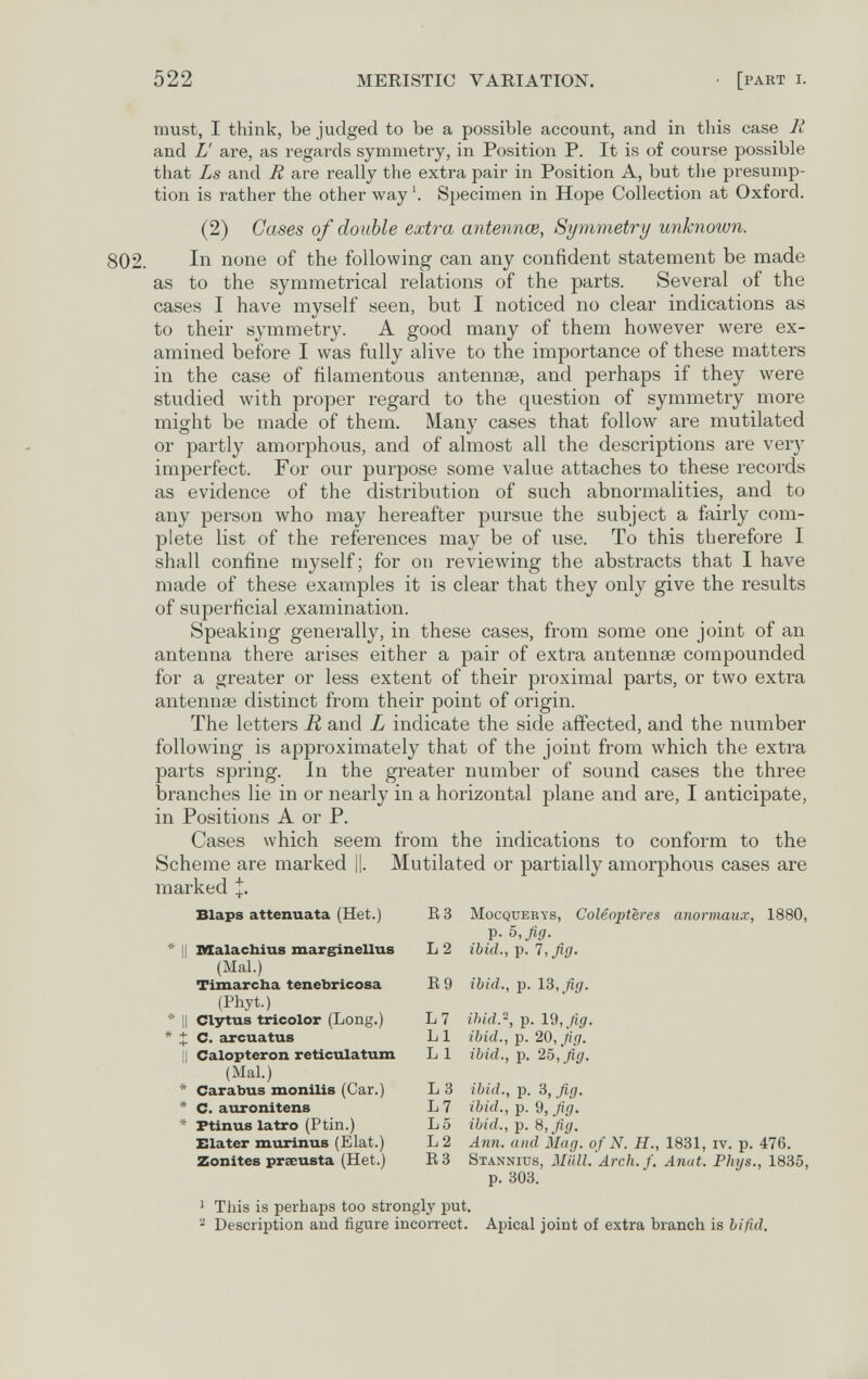 522 MERISTIC VARIATION. [part i. must, I think, be judged to be a possible account, and in this case R and L' are, as regards symmetry, in Position P. It is of course possible that Ls and R are really the extra pair in Position A, but the presump¬ tion is rather the other way'. Specimen in Hope Collection at Oxford. (2) Gases of double extra antennœ, Symmetry unknown. 802. In none of the following can any confident statement be made as to the symmetrical relations of the parts. Several of the cases I have myself seen, but I noticed no clear indications as to their symmetry. A good many of them however were ex¬ amined before I was fully alive to the importance of these matters in the case of filamentous antennse, and perhaps if they were studied with proper regard to the question of symmetry more might be made of them. Many cases that follow are mutilated or partly amorphous, and of almost all the descriptions are very imperfect. For our purpose some value attaches to these records as evidence of the distribution of such abnormalities, and to any person who may hereafter pursue the subject a fairly com¬ plete list of the references may be of use. To this therefore I shall confine myself ; for on reviewing the abstracts that I have made of these examples it is clear that they only give the results of superficial .examination. Speaking generally, in these cases, from some one joint of an antenna there arises either a pair of extra antennae compounded for a greater or less extent of their proximal parts, or two extra antennae distinct from their point of origin. The letters R and L indicate the side affected, and the number following is approximately that of the joint from which the extra parts spring. In the greater number of sound cases the three branches lie in or nearly in a horizontal plane and are, I anticipate, in Positions A or P. Cases which seem from the indications to conform to the Scheme are marked ||. Mutilated or partially amorphous cases are marked p. 303. ^ This is perhaps too strongly put. - Description and figure incorrect. Apical joint of extra branch is bifid.