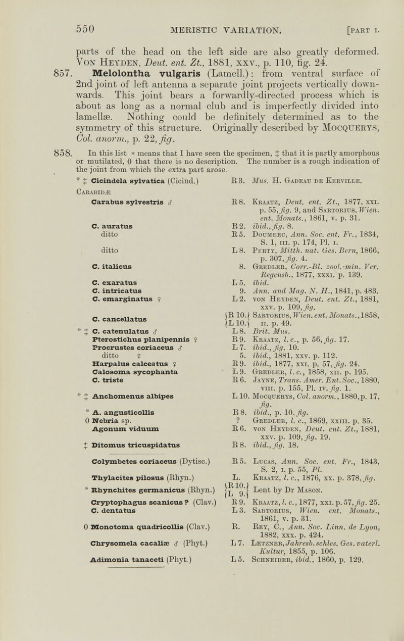 550 MERISTIC VARIATION. [part i. parts of the head on the left side are also greatly deformed. Von Heyden, Deut. ent. Zt., 1881, xxv., p. 110, tig. 24. 857. Melolontha vulgaris (Lamell.) : from ventral surface of 2nd joint of left antenna a separate joint projects vertically down¬ wards. This joint bears a forwardly-directed process which is about as long as a normal club and is imperfectly divided into lamellae. Nothing could be definitely determined as to the symmetry of this structure. Originally described by Mocquerys, Col. anorm., p. It, fig. 858. In this list * means that I have seen the specimen, X that it is partly amorphous or mutilated, 0 that there is no description. The number is a rough indication of the joint from which the extra part arose. * Î Cicindela sylvatica (Cicind.) Caeabid.e Carabus sylvestris ¿ . auratus ditto ditto C. italicus C. C. C. exaratus intricatus emarginatus C. cancellatus * Î C. catenulatus ¿ Fterostichus planipennis Procrustes coriaceus ditto Î Harpalus calceatus $ Calosoma sycophanta C. triste * X Anchomenus albipes * A. angusticollis 0 Nebria sp. Agonum viduum :|; Ditomus tricuspidatus Colymbetes coriaceus (Dytisc.) Thylacites pilosus (Bhyn.) * Rhynchites germanicus (Bhyn.) Cryptophagus scanicus ? (Clav.) С. dentatus 0 Dflonotoma quadricollis (Clav.) Chrysomela cacaliae ¿ (Phyt.) Adimonia tanaceti (Phyt. ) E3. 31ия. H. Gadeau de Keeville. R8. Kkaatz, Deiit. ent. Zt., 1877, xxi. p. 55, fig. 9, and Saktorius, Wien, ent. Monats,, 1861, v. p. 31. ß 2. ibid., fig. 8. R5. Doumeec, Ann. Soc. ent. Fr., 1834, S. 1, iii. p. 174, PI. i. L8. Perty, Mitth. nat. Ges. Bern, 1866, p. SOI, fig. 4. 8. Geedleb, Corr.-Bl. zool.-min. Ver. Regensb., 1877, xxxi. p. 139. L 5. ibid. 9. Ann. and Mag. N. H., 1841, p. 483. L2. von Heyden, Deut. ent. Zt., 1881, xxv. p. 109, fig. R 10. ) Saetobius, Wien. ent. Monats., 1858, L 10. J ii. p. 49. L8. Brit. Mus. E9. Keaatz, I.e., p. 56,fig. 17. L 7. ibid., fig. 10. 5. ibid., 1881, xxv. p. 112. R9. ibid., 1877, xxi. p. 51, fig. 24. L9. Geedlee, I.e., 1858, xii. p. 195. R 6. Jayne, Trans. Amer. Ent. Soc., 1880, viii. p. 155, PI. rr.fig. 1. L 10. MocQUEEYS, Col. anorm., 1880,p. 17, fig- R8. ibid., p. 10, fig. ? Geedlee, I. c., 1869, xxiii. p. 35. R6. von Heyden, Deut. ent. Zt., 1881, xxv. p. 109, fig. 19. ibid., fig. 18. E 8. R5. L. RIO.) L 9.j R9. L3. R. L7. L5. Lucas, Ami. Soc. ent. Fr., 1843, S. 2, i. p. 55, PI. Keaatz, I. c., 1876, xx. p. S78, fig. Lent by Dr Mason. Keaatz, I. c., 1877, xxi. p. 57, fig. 25. Saetoeius, Wien. ent. Monats., 1861, v. p. 31. Rey, с., Ann. Soc. Linn, de Lyon, 1882, xxx. p. 424. Letznee, Ja/iresò.sc/iZés. Ges. vaterl. Kultur, 1855, p. 106. ScHNEIDEE, ibid.. 1860, p. 129.