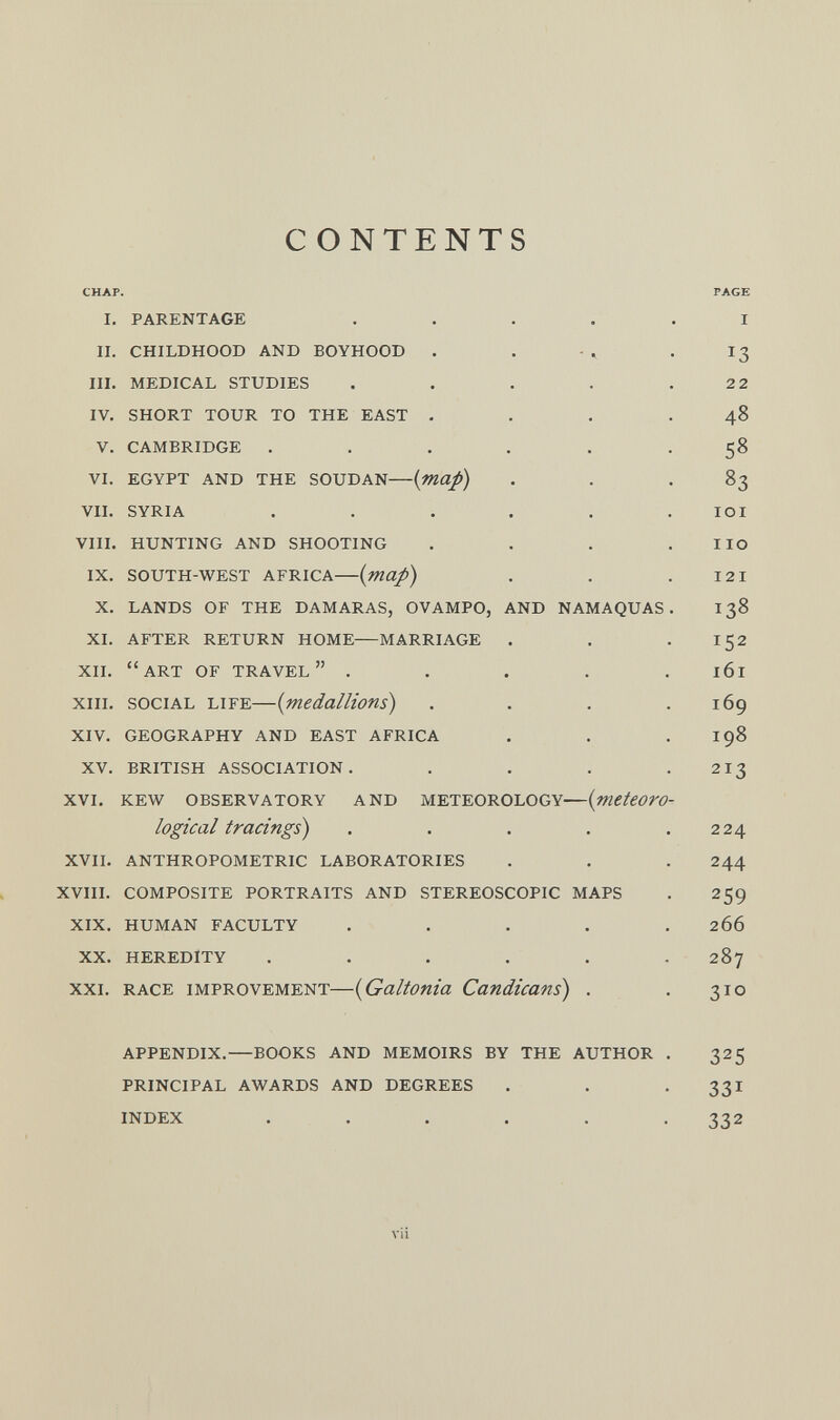 CONTENTS CHAP. PAGE i. parentage ..... i ii. childhood and boyhood . . -, . i3 iii. medical studies . . . . .22 iv. short tour to the east . . . .48 v. cambridge ...... 58 vi. egypt and the soudan (map) . . .83 vii. syria ...... loi viii. hunting and shooting . . . . iio ix. south-west africa—{map) . . .121 x. lands of the dam aras, ovampo, and namaquas. 138 xi. after return home marriage . . . 152 xii. art of travel . . . . .161 xiii. social life—(medallions) . . . .169 xiv. geography and east africa . . .198 xv. british association. . . . . 213 xvi. kew observatory and meteorology—(meteoro¬ logical tracings) . . . . .224 xvii. anthropometric laboratories . . . 244 xviii. composite portraits and stereoscopic maps . 259 xix. human faculty . . . . .266 xx. heredity ...... 287 xxi. race improvement—{Galtonia Candicans) . . 310 appendix.—books and memoirs by the author . 325 principal awards and degrees . . • зз^ index ...... 332 vii