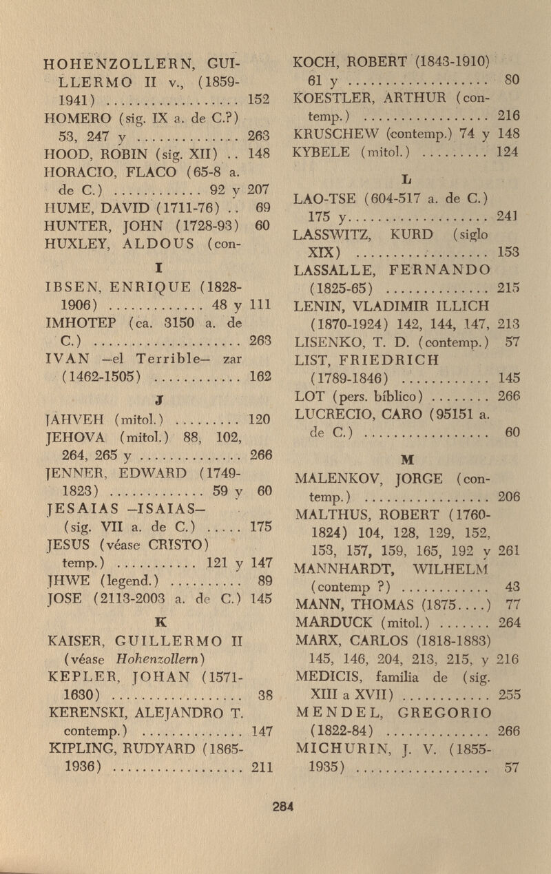 HOHENZOLLERN, GUI¬ LLERMO II v., (1859- 1941)  152 HOMERO (sig. IX a. de C.?) 53, 247 y  263 HOOD, ROBIN (sig. XII) .. 148 HORACIO, FLACO (65-8 a. de C.)  92 y 207 HUME, DAVID (1711-76) .. 69 HUNTER, JOHN (1728-93) 60 HUXLEY, ALDOUS (con- I IBSEN, ENRIQUE ( 1828- 1906)  48 y 111 IMHOTEP (ca. 3150 a. de C.)  263 IVAN —el Terrible— zar (1462-1505)  162 J TAHVEH ( mi toi. )  120 JEHOVA (mitol.) 88, 102, 264, 265 y 266 TENNER, EDWARD (1749- 1823)  59 y 60 JESAIAS —ISAIAS— (sig. VII a. de C.)  175 JESUS (véase CRISTO) temp.)  121 y 147 JHWE (legend.)  89 JOSE (2113-2003 a. de C.) 145 К KAISER, GUILLERMO II (véase Hohenzollern) KEPLER, JOHAN (1571- 1630)  38 KERENSKI, ALEJANDRO T. contemp. )  147 KIPLING, RUDYARD (1865- 1936)  211 KOCH, ROBERT (1843-1910) 61 y  80 KOESTLER, ARTHUR (con¬ temp.)  216 KRUSCHEW (contemp.) 74 y 148 KYBELE (mitol.)  124 L LAO-TSE (604-517 a. de C.) 175 y 241 LASSWITZ, KURD (siglo XIX)  153 LASSALLE, FERNANDO (1825-65)  215 LENIN, VLADIMIR ILLICH (1870-1924) 142, 144, 147, 213 LISENKO, T. D. (contemp.) 57 LIST, FRIEDRICH (1789-1846)  145 LOT (pers. bíblico)  266 LUCRECIO, CARO (95151 a. de С.)  60 M MALENKOV, JORGE (con¬ temp. )  206 MALTHUS, ROBERT (1760- 1824) 104, 128, 129, 152, 153, 157, 159, 165, 192 y 261 MANNHARDT, WILHELM (contemp ?)  43 MANN, THOMAS (1875. .. .) 77 MARDUCK (mitol.)  264 MARX, CARLOS (1818-1883) 145, 146, 204, 213, 215, y 216 MEDICIS, familia de (sig. XIII a XVII)  255 MENDEL, GREGORIO (1822-84)  266 MICHURIN, J. V. (1855- 1935)  57 284