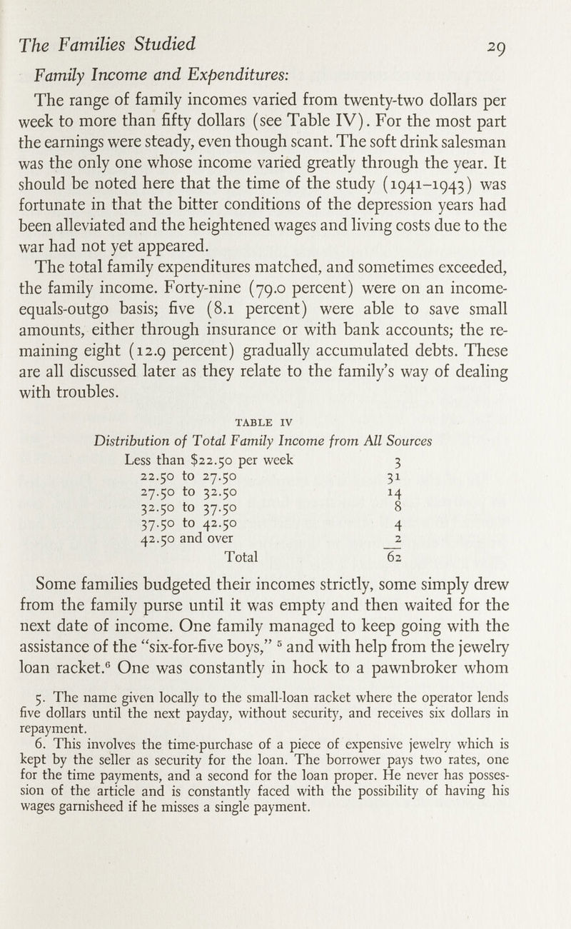 The Families Studied 29 Family Income and Expenditures: The range of family incomes varied from twenty-two dollars per week to more than fifty dollars (see Table IV). For the most part the earnings were steady, even though scant. The soft drink salesman was the only one whose income varied greatly through the year. It should be noted here that the time of the study (1941-1943) was fortunate in that the bitter conditions of the depression years had been alleviated and the heightened wages and living costs due to the war had not yet appeared. The total family expenditures matched, and sometimes exceeded, the family income. Forty-nine (79.0 percent) were on an income- equals-outgo basis; five (8.1 percent) were able to save small amounts, either through insurance or with bank accounts; the re¬ maining eight (12.9 percent) gradually accumulated debts. These are all discussed later as they relate to the family's way of dealing with troubles. TABLE IV Distribution of Total Family Income from All Sources Less than $22.50 per week 3 22.50 to 27.50 31 27.50 to 32.50 14 32.50 to 37.50 8 37.50 to 42.50 4 42.50 and over 2 Total 62 Some families budgeted their incomes strictly, some simply drew from the family purse until it was empty and then waited for the next date of income. One family managed to keep going with the assistance of the six-for-five boys, ® and with help from the jewelry loan racket.® One was constantly in hock to a pawnbroker whom 5. The name given locally to the small-loan racket where the operator lends five dollars until the next payday, without security, and receives six dollars in repayment. 6. This involves the time-purchase of a piece of expensive jewelry which is kept by the seller as security for the loan. The borrower pays two rates, one for the time payments, and a second for the loan proper. He never has posses¬ sion of the article and is constantly faced with the possibility of having his wages garnisheed if he misses a single payment.