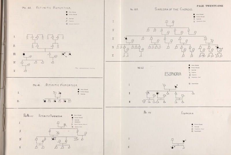 N О- lt4 £ J<0 PÜOÄIA H Moles Affected. ^ Females Affected. X Exomined. ^ Astigmotism, Hyper. ^ Hypcrphorio. Convergence Insufficiency ^ Kerotoconus. ^ Asligmoiism, Myopic. Exophofio П ri® 3 - à ¿ ¿2 ¿ iî <> л ì t n я ж No. lU E XOPtìOKl f\ ■e. £ I Moles Affected. ^ Femóles Affected. X Exomíned. Monoculor Blind. Hypermetrop.iú. ^ Astigmotism, Hyper. Astigmoíism, Mixed. Exolropio. Y Convergence Insufficípncy I I Cboroidilis. P Periph. Pigmentory Dcgencrolit Astigmotism, Myopic Presb/opio. ^ Propositus. Amblyopia. ■■г. i í •f .9 -'t ft '?t ¿ ¿ ;i 5 ^ I ^ л '¿í гь 2) No. 106. Exophoria. Щ Moles Afícctcd. Females Affected. X Exomined. ^ Coloroct, Senile. • ^ Astigmotism, Hypcr. ^ Exopliofio. — Microplitholmio. I I Ш X _;íf. X ,V T -? X L ^ С 9 D' 1 PAGE TWENTY-THREE H tTCROPHORIfl. По.44. CxOPHORIfi. Щ Moles Affected. X Exomif^ed. Propositus. ^ Astigmotism, Hyper. ^ Astigmotism, Myopic. I. E лг 9 ■> tí xlâ. Tb hlcTE-RÖRHORlfl I II пг По. 4S. t ХО PHO f? i fi. X & Çl ,'¿ r¿* ж iù ..¿ rà Ц Males Affected. Females Affected. X Exomirted. Pr(^S)tUS. ^ Astigmatism, Hyper. (2) Astigmatism, Mixed. Astigmatism, Myopic. Hypermétropie. ^ HyperphoTMj. Spasm of Accommodolio«i Y Convergence Insufficiency ^ Presbyopia. 'ï^/ ,p I ,t5^3