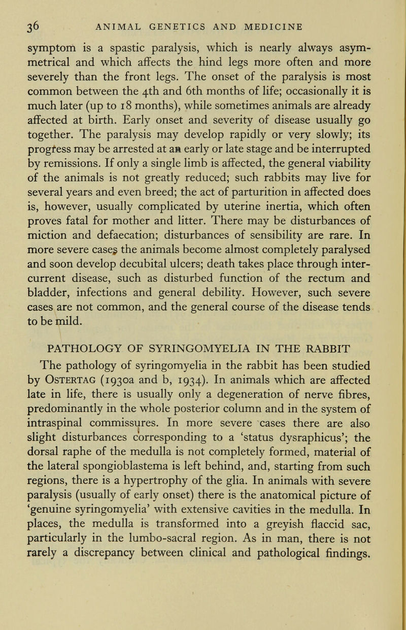 symptom is a spastic paralysis, which is nearly always asym metrical and which affects the hind legs more often and more severely than the front legs. The onset of the paralysis is most common between the 4th and 6th months of life; occasionally it is much later (up to 18 months), while sometimes animals are already affected at birth. Early onset and severity of disease usually go together. The paralysis may develop rapidly or very slowly; its progress may be arrested at aa early or late stage and be interrupted by remissions. If only a single limb is affected, the general viability of the animals is not greatly reduced; such rabbits may live for several years and even breed; the act of parturition in affected does is, however, usually complicated by uterine inertia, which often proves fatal for mother and litter. There may be disturbances of miction and defaecation; disturbances of sensibility are rare. In more severe cases the animals become almost completely paralysed and soon develop decubital ulcers; death takes place through inter current disease, such as disturbed function of the rectum and bladder, infections and general debility. However, such severe cases are not common, and the general course of the disease tends to be mild. PATHOLOGY OF SYRINGOMYELIA IN THE RABBIT The pathology of syringomyelia in the rabbit has been studied by Ostertag (1930a and b, 1934). In animals which are affected late in life, there is usually only a degeneration of nerve fibres, predominantly in the whole posterior column and in the system of intraspinal commissures. In more severe cases there are also slight disturbances corresponding to a 'status dysraphicus'; the dorsal raphe of the medulla is not completely formed, material of the lateral spongioblastema is left behind, and, starting from such regions, there is a hypertrophy of the glia. In animals with severe paralysis (usually of early onset) there is the anatomical picture of 'genuine syringomyelia' with extensive cavities in the medulla. In places, the medulla is transformed into a greyish flaccid sac, particularly in the lumbo-sacral region. As in man, there is not rarely a discrepancy between clinical and pathological findings.