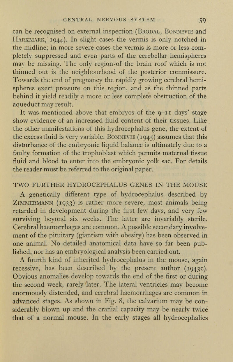 can be recognised on external inspection (Brodal, Bonnevie and Harkmark, 1944). In slight cases the vermis is only notched in the midline; in more severe cases the vermis is more or less com pletely suppressed and even parts of the cerebellar hemispheres may be missing. The only region-of the brain roof which is not thinned out is the neighbourhood of the posterior commissure. Towards the end of pregnancy the rapidly growing cerebral hemi spheres exert pressure on this region, and as the thinned parts behind it yield readily a more or less complete obstruction of the aqueduct may result. It was mentioned above that embryos of the 9-11 days' stage show evidence of an increased fluid content of their tissues. Like the other manifestations of this hydrocephalus gene, the extent of the excess fluid is very variable. Bonnevie (1945) assumes that this disturbance of the embryonic liquid balance is ultimately due to a faulty formation of the trophoblast which permits maternal tissue fluid and blood to enter into the embryonic yolk sac. For details the reader must be referred to the original paper. TWO FURTHER HYDROCEPHALUS GENES IN THE MOUSE A genetically different type of hydrocephalus described by Zimmermann (1933) is rather more severe, most animals being retarded in development during the first few days, and very few surviving beyond six weeks. The latter are invariably sterile. Cerebral haemorrhages are common. A possible secondary involve ment of the pituitary (giantism with obesity) has been observed in one animal. No detailed anatomical data have so far been pub lished, nor has an embryological analysis been carried out. A fourth kind of inherited hydrocephalus in the mouse, again recessive, has been described by the present author (1943c). Obvious anomalies develop towards the end of the first or during the second week, rarely later. The lateral ventricles may become enormously distended, and cerebral haemorrhages are common in advanced stages. As shown in Fig. 8, the calvarium may be con siderably blown up and the cranial capacity may be nearly twice that of a normal mouse. In the early stages all hydrocephalics