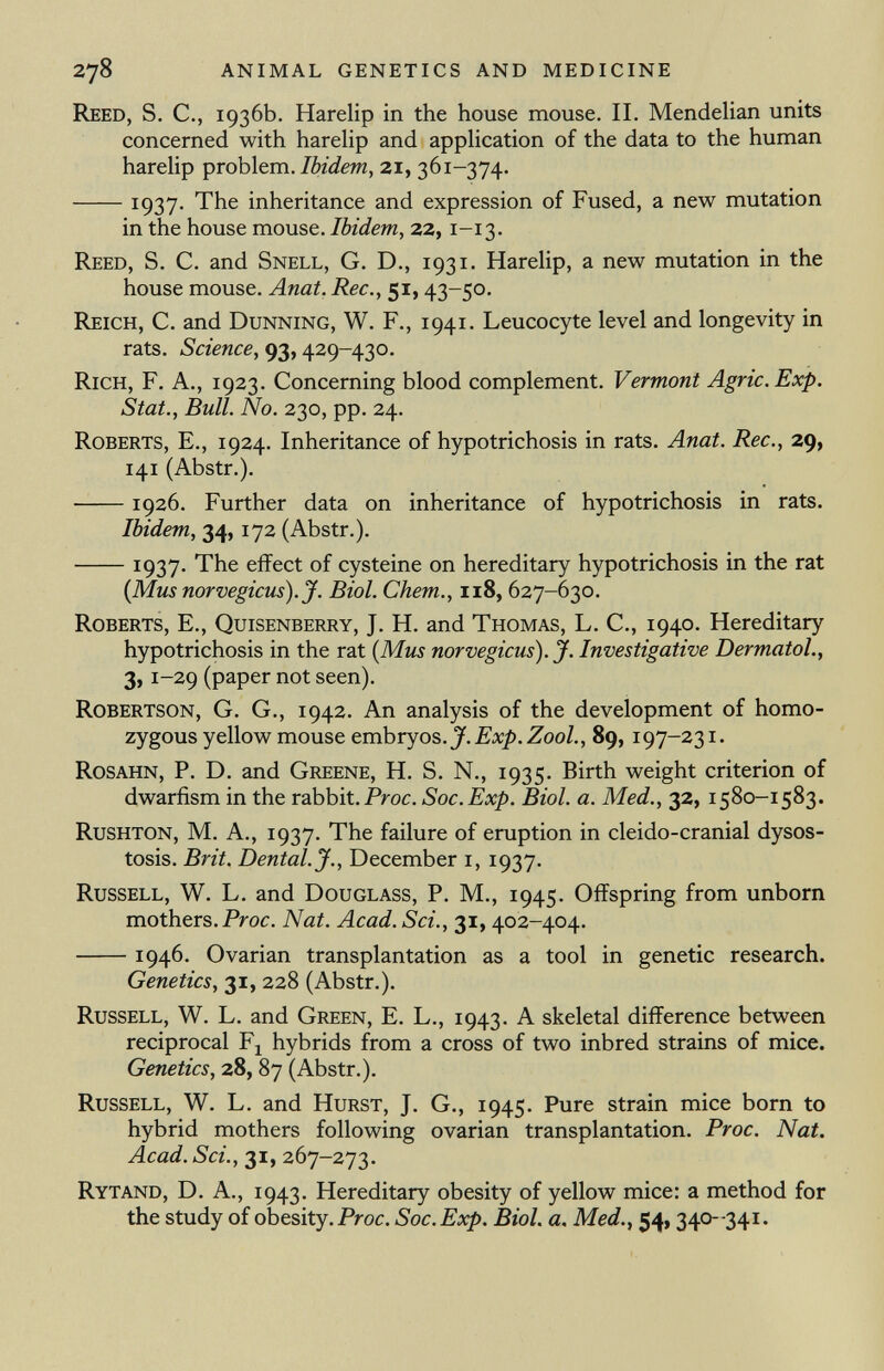 Reed, S. C., 1936b. Harelip in the house mouse. II. Mendelian units concerned with harelip and application of the data to the human harelip problem. Ibidem, 21, 361-374. 1937- The inheritance and expression of Fused, a new mutation in the house mouse. Ibidem, 22, 1-13. Reed, S. C. and Snell, G. D., 193 i . Harelip, a new mutation in the house mouse. Anat. Ree., 51, 43-50. Reich, C. and Dunning, W. F., 1941. Leucocyte level and longevity in rats. Science, 93, 429-430. Rich, F. A., 1923. Concerning blood complement. Vermont Agrie. Exp. Stat., Bull. No. 230, pp. 24. Roberts, E., 1924. Inheritance of hypotrichosis in rats. Anat. Ree., 29, 141 (Abstr.). 1926. Further data on inheritance of hypotrichosis in rats. Ibidem, 34, 172 (Abstr.). 1937. The effect of cysteine on hereditary hypotrichosis in the rat (Mus norvegicus).J. Biol. Chem., 118, 627-630. Roberts, E., Quisenberry, J. H. and Thomas, L. C., 1940. Hereditary hypotrichosis in the rat (Mus norvegicus). J. Investigative Dermatol., 3, 1-29 (paper not seen). Robertson, G. G., 1942. An analysis of the development of homo zygous yellow mouse embryos . J.Exp.Zool., 89, 197-231. Rosahn, P. D. and Greene, H. S. N., 1935. Birth weight criterion of dwarfism in the rabbit. Proc. Soc. Exp. Biol. a. Med., 32, 1580-1583. Rushton, M. A., 1937. The failure of eruption in cleido-cranial dysos tosis. Brit. Dental. J., December 1, 1937. Russell, W. L. and Douglass, P. M., 1945. Offspring from unborn mothers. Proc. Nat. Acad. Sci., 31, 402-404. 1946. Ovarian transplantation as a tool in genetic research. Genetics, 31, 228 (Abstr.). Russell, W. L. and Green, E. L., 1943. A skeletal difference between reciprocal F x hybrids from a cross of two inbred strains of mice. Genetics, 28, 87 (Abstr.). Russell, W. L. and Hurst, J. G., 1945. Pure strain mice born to hybrid mothers following ovarian transplantation. Proc. Nat. Acad. Sci., 31, 267-273. Rytand, D. A., 1943. Hereditary obesity of yellow mice: a method for the study of obesity. Proc. Soc. Exp. Biol. a. Med., 54, 340-341.
