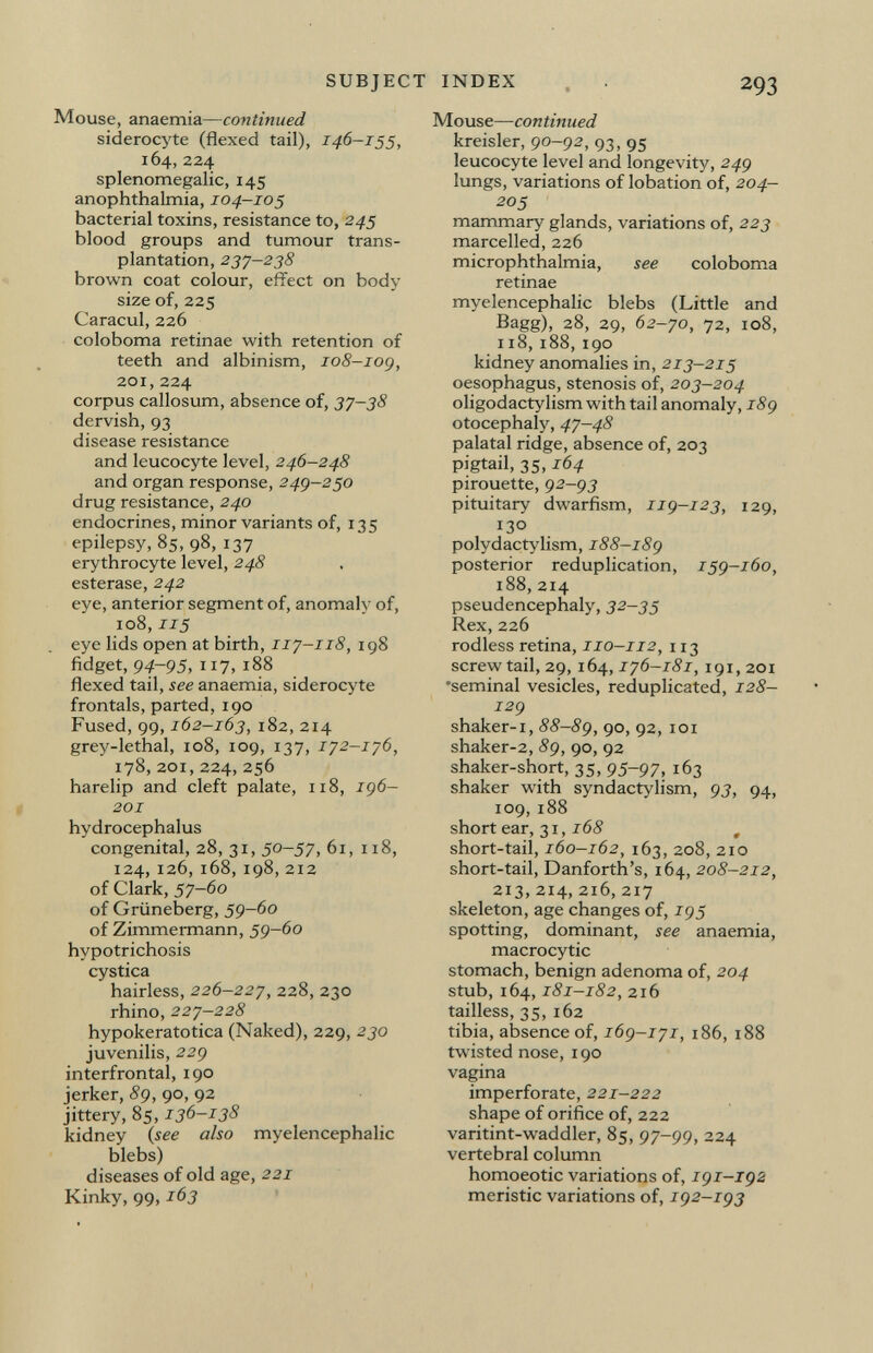 Mouse, anaemia— continued siderocyte (flexed tail), 146-155, 164,224 Splenomegalie, 145 anophthalmia, 104-105 bacterial toxins, resistance to, 245 blood groups and tumour trans plantation, 237-238 brown coat colour, effect on body size of, 225 Caracul, 226 coloboma retinae with retention of teeth and albinism, 108-109, 201,224 corpus callosum, absence of, 37-38 dervish, 93 disease resistance and leucocyte level, 246-248 and organ response, 249-250 drug resistance, 240 endocrines, minor variants of, 135 epilepsy, 85, 98, 137 erythrocyte level, 248 esterase, 242 eye, anterior segment of, anomaly of, 108, 115 eye lids open at birth, 117-118, 198 fidget, 94~95, 117, 188 flexed tail, see anaemia, siderocyte frontals, parted, 190 Fused,99, 162-163, 182, 214 grey-lethal, 108, 109, 137, 172-176, 178,201,224, 256 harelip and cleft palate, 118, 196- 201 hydrocephalus congenital, 28, 31, 50-57, 61, 118, 124,126, 168, 198, 212 of Clark, 57-60 of Grüneberg, 59-60 of Zimmermann, 59-60 hypotrichosis cystica hairless, 226-227, 228, 230 rhino, 227-228 hypokeratotica (Naked), 229, 230 juvenilis, 229 interfrontal, 190 jerker, 89, 90, 92 jittery, 85, 136-138 kidney ( see also myelencephalic blebs) diseases of old age, 221 Kinky, 99, 163 Mouse— continued kreisler, 90-92, 93, 95 leucocyte level and longevity, 249 lungs, variations of lobation of, 204- 205 mammary glands, variations of, 223 marcelled, 226 microphthalmia, see coloboma retinae myelencephalic blebs (Little and Bagg), 28, 29, 62-70, 72, 108, 118,188, 190 kidney anomalies in, 213—215 oesophagus, stenosis of, 203-204 oligodactylism with tail anomaly, 189 otocephaly, 47-48 palatal ridge, absence of, 203 pigtail, 35, 164 pirouette, 92-93 pituitary dwarfism, 119-123, 129, 130 polydactylism, 188-189 posterior reduplication, 159-160, 188,214 pseudencephaly, 32-35 Rex, 226 rodless retina, 110-112, 113 screw tail, 29, 164, 176-181, 191,201 •seminal vesicles, reduplicated, 128- 129 shaker-i, 88-89, 9°, 92, 101 shaker-2, 89, 90, 92 shaker-short, 35, 95~97, 163 shaker with syndactylism, 93, 94, 109, 188 short ear, 31, 168 , short-tail, 160-162, 163, 208, 210 short-tail, Danforth's, 164, 208-212, 213, 214, 216,217 skeleton, age changes of, 195 spotting, dominant, see anaemia, macrocytic stomach, benign adenoma of, 204 stub, 164, 181-182, 216 tailless, 35, 162 tibia, absence of, 169-171, 186, 188 twisted nose, 190 vagina imperforate, 221-222 shape of orifice of, 222 varitint-waddler, 85, 97-99, 224 vertebral column homoeotic variations of, 191 -192 meristic variations of, 192-193
