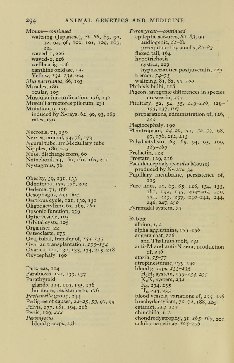 Mouse— continued waltzing (Japanese), 86-88, 89, 90, 92, 94, 96, 100, 101, 109, 163, 224 waved-1, 226 waved-2, 226 wellhaarig, 226 xanthine oxidase, 241 Yellow, 132-134, 224 Mus bac tri anus, 86, 193 Muscles, 186 ocular, 105 Muscular incoordination, 136, 137 Musculi arrectores pilorum, 231 Mutation, 9, 139 induced by X-rays, 62, 90, 93, 189 rates, 139 Necrosis, 71, 250 Nerves, cranial, 34, 76, 173 Neural tube, see Medullary tube Nipples, 186, 223 Nose, discharge from, 60 Notochord, 34, 160, 161, 163, 211 Nystagmus, 76 Obesity, 59, 131, 133 Odontoma, 175, 178, 202 Oedema, 71, 166 Oesophagus, 203-204 Oestrous cycle, 121, 130, 131 Oligodactylism, 63, 169, i8g Opsonic function, 239 Optic vesicle, 105 Orbital cysts, 105 Organiser, 22 Osteoclasts, 175 Ova, tubal, transfer of, 134-135 Ovarian transplantation, 133—134 Ovaries, 121, 130, 133, 134, 215, 218 Oxycephaly, 190 Pancreas, 114 Parabiosis, 121, 133, 137 Parathyroid glands, 114, 119, 135, 136 hormone, resistance to, 176 Pasteurella group, 244 Pedigree of causes, 24-25, 53, 97, 99 Pelvis, 177, 181, 194, 216 Penis, 129, 222 Peromyscus blood groups, 238 Peromyscus—continued epileptic seizures, 80-83, 99 audiogenic, 81-82 precipitated by smells, 82-83 flexed tail, 164 hypotrichosis cystica, 22g hypokeratotica postjuvenilis, 229 tremor, 74~75 waltzing, 81, 82, 99—100 Phthisis bulbi, 118 Pigeon, antigenic differences in species crosses in, 252 Pituitary, 52, 54, 55, 119-126, 129- 133,137,167 preparations, administration of, 126, 200 Plagiocephaly, 190 Pleiotropism, 24-26, 31, 52-53, 68, 97,176,212,213 Polydactylism, 63, 65, 94, 95, 169, 183-189 Prolactin, 123 Prostate, 129, 216 Pseudencephaly (see also Mouse) produced by X-rays, 34 Pupillary membrane, persistence of, 5 Pure lines, 10, 83, 85, 128, 134, 135, 181, 192, 195, 203-205, 220, 221, 223, 237, 240-242, 244, 246, 247,250 Pyramidal system, 73 Rabbit albino, 1, 2 alpha agglutinins, 235-236 angora coat, 226 and Thallium molt, 241 anti-M and anti-N sera, production of, 236 ataxia, 75~77 atropinesterase, 239-240 blood groups, 233-235 H j H 2 system, 233-234, 235 K3K4 system, 234 K 5 , 234, 235 He, 234, 235 blood vessels, variations of, 205-206 brachydactylism, 70-72, 188, 205 cataract, 114-115 chinchilla, 1, 2 chondrodystrophy, 31, 165-167, 201 coloboma retinae, 105-106