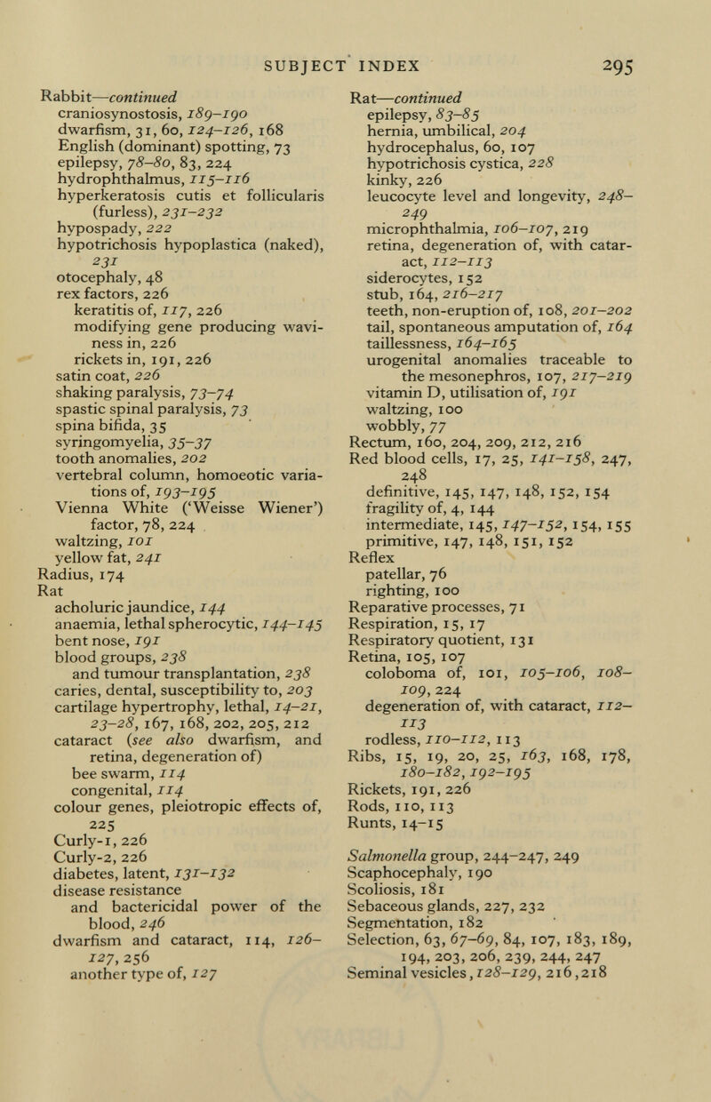 Rabbit— continued craniosynostosis, 189-190 dwarfism, 31, 60, 124-126 , 168 English (dominant) spotting, 73 epilepsy, 78-80, 83, 224 hydrophthalmus, 115-116 hyperkeratosis cutis et follicularis (furless), 231-232 hypospady, 222 hypotrichosis hypoplastica (naked), 231 otocephaly, 48 rex factors, 226 keratitis of, 117, 226 modifying gene producing wavi- ness in, 226 rickets in, 191, 226 satin coat, 226 shaking paralysis, 73-74 spastic spinal paralysis, 73 spina bifida, 35 syringomyelia, 35~37 tooth anomalies, 202 vertebral column, homoeotic varia tions of, 193-195 Vienna White ('Weisse Wiener') factor, 78, 224 waltzing, 101 yellow fat, 241 Radius, 174 Rat acholuric jaundice, 144 anaemia, lethal spherocytic, 144-145 bent nose, 191 blood groups, 238 and tumour transplantation, 238 caries, dental, susceptibility to, 203 cartilage hypertrophy, lethal, 14-21, 23-28, 167, 168, 202,205, 212 cataract ( see also dwarfism, and retina, degeneration of) bee swarm, 114 congenital, 114 colour genes, pleiotropic effects of, 225 Curly-1, 226 Curly-2, 226 diabetes, latent, 131-132 disease resistance and bactericidal power of the blood, 246 dwarfism and cataract, 114, 126- 127, 256 another type of, 127 Rat— continued epilepsy, 83-85 hernia, umbilical, 204 hydrocephalus, 60, 107 hypotrichosis cystica, 228 kinky, 226 leucocyte level and longevity, 248- 249 microphthalmia, 106-107, 219 retina, degeneration of, with catar act, 112-113 siderocytes, 152 stub,164, 216-217 teeth, non-eruption of, 108, 201—202 tail, spontaneous amputation of, 164 taillessness, 164-165 urogenital anomalies traceable to the mesonephros, 107, 217-219 vitamin D, utilisation of, 191 waltzing, 100 wobbly, 77 Rectum, 160, 204, 209, 212, 2x6 Red blood cells, 17, 25, 141-158, 247, 248 definitive, 145, 147, 148, 152, 154 fragility of, 4, 144 intermediate, 145, 147-152, 154, 155 primitive, 147, 148, 151, 152 Reflex patellar, 76 righting, 100 Reparative processes, 71 Respiration, 15, 17 Respiratory quotient, 131 Retina, 105, 107 coloboma of, 101, 105-106, 108— 109, 224 degeneration of, with cataract, 112— 113 rodless, 110—112, 113 Ribs, 15, 19, 20, 25, 163, 168, 178, 180-182,192-195 Rickets, 191, 226 Rods, no, 113 Runts, 14-15 Salmonella group, 244-247, 249 Scaphocephaly, 190 Scoliosis, 181 Sebaceous glands, 227, 232 Segmentation, 182 Selection, 63, 67-69, 84, 107, 183, 189, 194,203,206,239,244, 247 Seminal vesicles, 128-129, 216,218