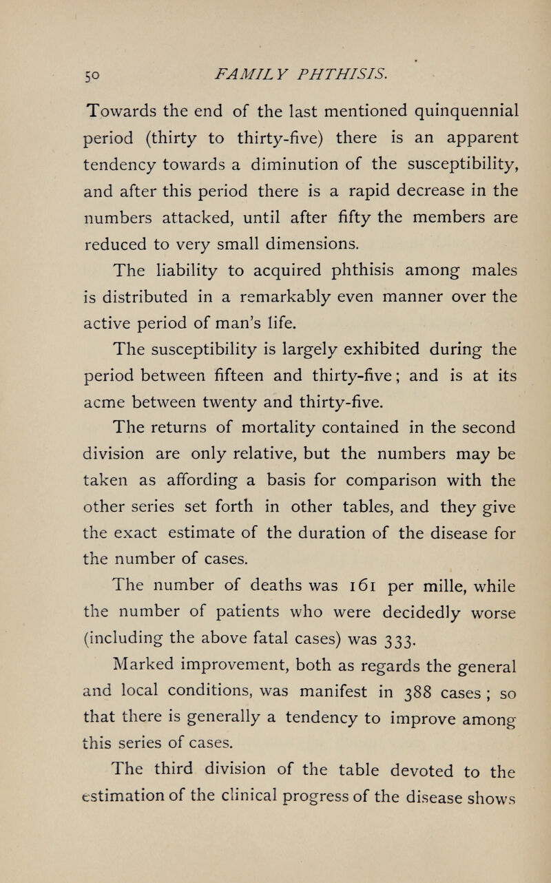 I . J 50 FAMILY PHTHISIS. Towards the end of the last mentioned quinquennial period (thirty to thirty-five) there is an apparent tendency towards a diminution of the susceptibility, and after this period there is a rapid decrease in the numbers attacked, until after fifty the members are reduced to very small dimensions. The liability to acquired phthisis among males is distributed in a remarkably even manner over the active period of man's life. The susceptibility is largely exhibited during the period between fifteen and thirty-five ; and is at its acme between twenty and thirty-five. The returns of mortality contained in the second division are only relative, but the numbers may be taken as affording a basis for comparison with the other series set forth in other tables, and they give the exact estimate of the duration of the disease for the number of cases. The number of deaths was 161 per mille, while the number of patients who were decidedly worse (including the above fatal cases) was 333. Marked improvement, both as regards the general and local conditions, was manifest in 388 cases ; so that there is generally a tendency to improve among this series of cases. The third division of the table devoted to the estimation of the clinical progress of the disease shows