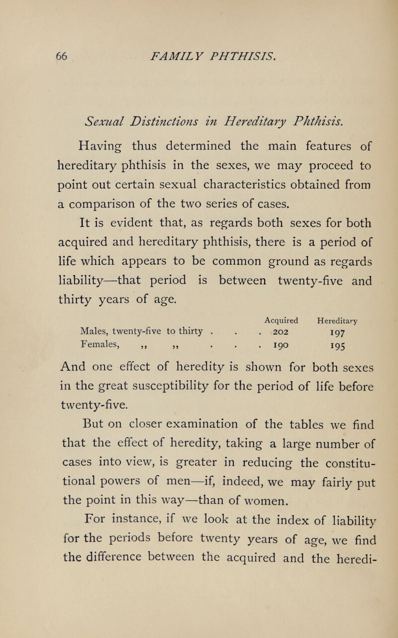 66 FAMILY PHTHISIS. Sexual Distinctions in Hereditary Phthisis. Having thus determined the main features of hereditary phthisis in the sexes, we may proceed to point out certain sexual characteristics obtained from a comparison of the two series of cases. It is evident that, as regards both sexes for both acquired and hereditary phthisis, there is a period of life which appears to be common ground as regards liability—that period is between twenty-five and thirty years of age. Acquired Hereditary Males, twenty-five to thirty . . . 202 197 Females, ,, ,, ... 190 195 And one effect of heredity is shown for both sexes in the great susceptibility for the period of life before twenty-five. But on closer examination of the tables we find that the effect of heredity, taking a large number of cases into view, is greater in reducing the constitu¬ tional powers of men—if, indeed, we may fairly put the point in this way—than of women. For instance, if we look at the index of liability for the periods before twenty years of age, we find the difference between the acquired and the heredi-
