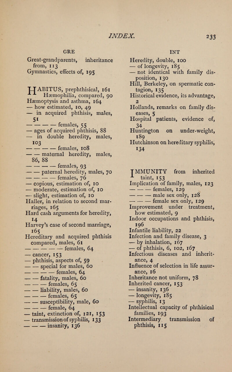 INDEX, 233 GRE Great-grandparents, inheritance from, 113 Gymnastics, effects of, 195 TJABITUS, prephthisical, 161 Haemophilia, compared, 90 Haemoptysis and asthma, 164 — how estimated, 10, 49 — in acquired phthisis, males, 51 females, 55 — ages of acquired phthisis, 88 — in double heredity, males, 103 females, 108 maternal heredity, males, 86, 88 females, 93 paternal heredity, males, 70 females, 76 — copious, estimation of, 10 — moderate, estimation of, 10 — slight, estimation of, 10 Haller, in relation to second mar¬ riages, 165 Hard cash arguments for heredity, Harvey's case of second marriage, 165 Hereditary and acquired phthisis compared, males, 61 females, 64 — cancer, 153 — phthisis, aspects of, 59 special for males, 60 females, 64 fatality, males, 60 females, 65 liability, males, 60 females, 65 susceptibility, male, 60 female, 64 — taint, extinction of, 121, 153 — transmission of syphilis, 133 insanity, 136 INT Heredity, double, 100 — of longevity, 185 — not identical with family dis¬ position, 130 Hill, Berkeley, on spermatic con¬ tagion, 135 Historical evidence, its advantage, 2 Hollands, remarks on family dis¬ eases, 5 Hospital patients, evidence of, 34 Huntington on under-weight, 189 Hutchinson on hereditary syphilis, 134 TMMUNITY from inherited taint, 153 Implication of family, males, 123 females, 129 male sex only, 128 female sex only, 129 Improvement under treatment, how estimated, 9 Indoor occupations and phthisis, 196 Infantile liability, 22 Infection and family disease, 3 — by inhalation, 167 — of phthisis, 6, 102, 167 Infectious diseases and inherit¬ ance, 4 Influence of selection in life assur¬ ance, 16 Inheritance not uniform, 78 Inherited cancer, 153 — insanity, 136 — longevity, 185 — syphilis, 13 Intellectual capacity of phthisical families, 193 Intermediary transmission of phthisis, 115