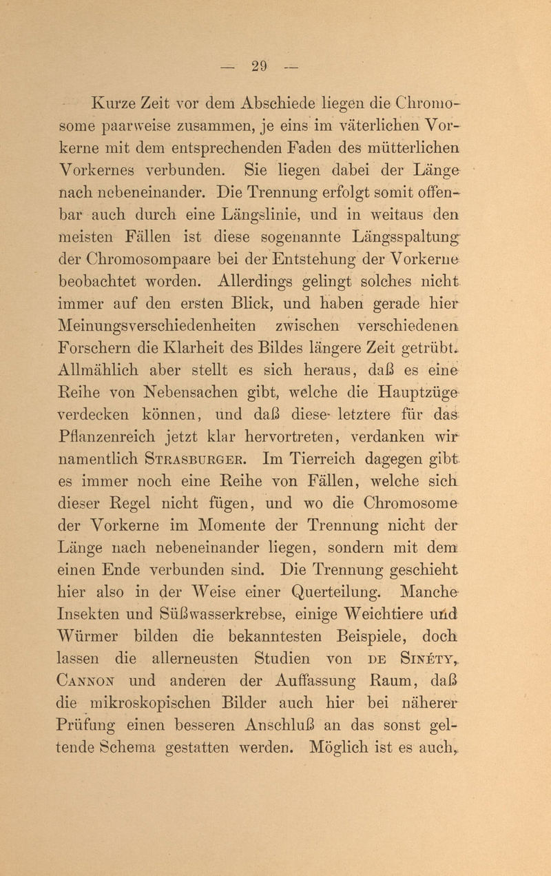 — 29 — - Kurze Zeit люг dem Abschiede liegen die Chromo¬ some paarweise zusammen, je eins im Yäterlichen Vor¬ kerne mit dem entsprechenden Faden des mütterlichen Vorkernes verbunden. Sie liegen dabei der Länge nach nebeneinander. Die Trennung erfolgt somit offen¬ bar auch durch eine Längslinie, und in weitaus den meisten Fällen ist diese sogenannte Längsspaltung der Chromosompaare bei der Entstehung der Vorkerne beobachtet worden. Allerdings gelingt solches nicht immer auf den ersten Blick, und haben gerade hier Meinungsverschiedenheiten zwischen verschiedenen. Forschern die Klarheit des Bildes längere Zeit getrübte Allmählich aber stellt es sich heraus, daß es eine Reihe von Nebensachen gibt, welche die Hauptzüge verdecken können, und daß diese- letztere für das Pflanzenreich jetzt klar hervortreten, verdanken wir namentlich Strasbuegee. Im Tierreich dagegen gibt es immer noch eine Reihe von Fällen, welche sielt dieser Regel nicht fügen, und wo die Chromosome der Vorkerne im Momente der Trennung nicht der Länge nach nebeneinander liegen, sondern mit dem einen Ende verbunden sind. Die Trennung geschieht hier also in der Weise einer Querteilung. Manche- Insekten und Süßwasserkrebse, einige Weichtiere uúd Würmer bilden die bekanntesten Beispiele, doch lassen die allerneusten Studien von de Sinéty,. Cannox und anderen der Auffassung Raum, daß die mikroskopischen Bilder auch hier bei näherer Prüfung einen besseren Anschluß an das sonst gel¬ tende Schema gestatten werden. Möglich ist es aucli^
