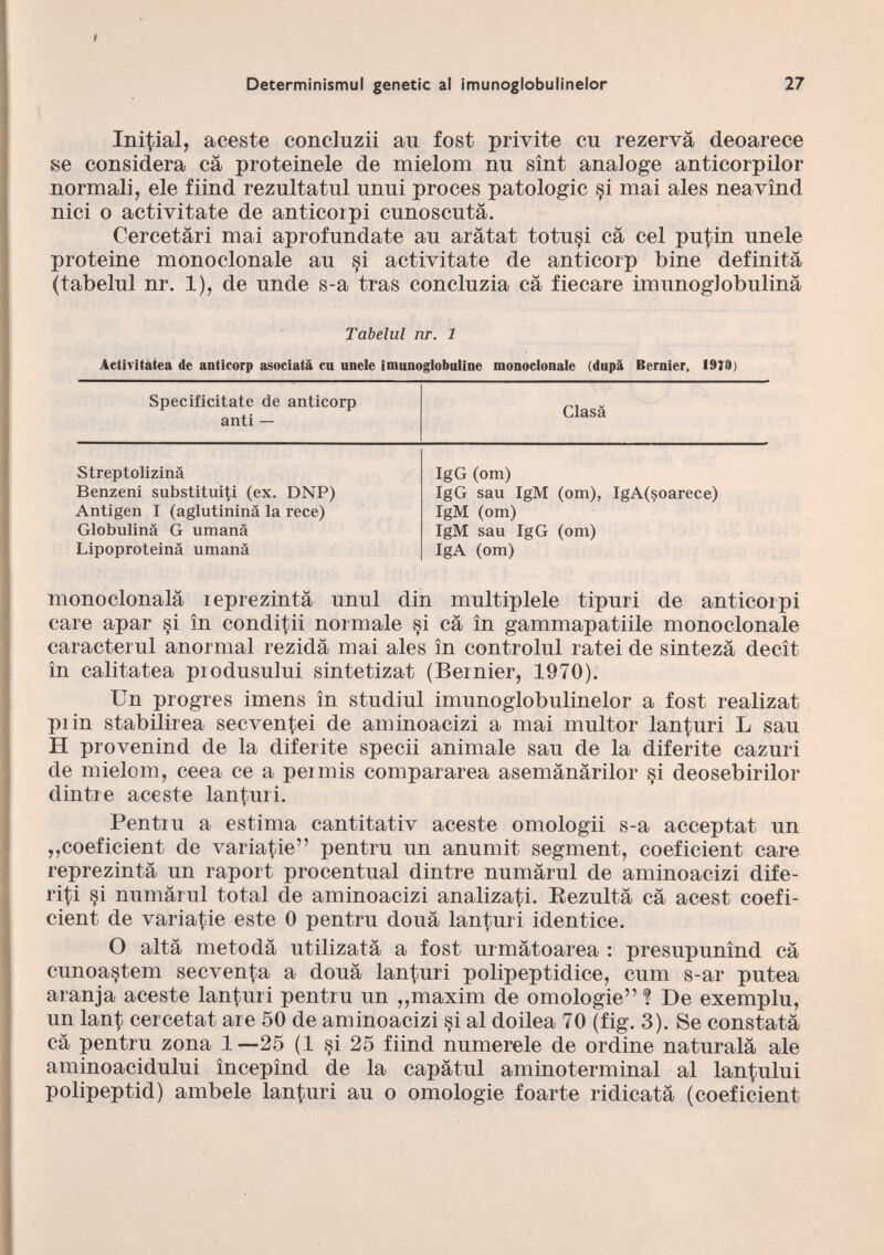 Initial, aceste concluzii au fost privile cu rezervä deoarece se considera cä proteinele de mielom nu sint analoge anticorpilor normali, eie fiind rezultatul unui proces patologie §i mai ales neavìnd nici o activitate de anticorpi cunoscutä. Cercetäri mai aprofundate au arätat totu§i cä cel putin unele proteine monoclonale au si activitate de anticorp bine definita (tabelul nr. 1), de unde s-a tras concluzia cä fiecare imunoglobulina Tabelul nr. 1 Activitàtea de anticorp asociatä cu unele imunoglobuline monoclonale (dupa Bernier, 1970) Specificitate de anticorp anti — Clasà Streptolizinä IgG (om) Benzeni substituiti (ex. DNP) IgG sau IgM (om), IgA(soarece) Antigen I (aglutininä la rece) IgM (om) Globulina G umana IgM sau IgG (om) Lipoproteinä umana IgA (om) monoclonalä ìeprezinta unul din multiplele tipuri de anticorpi care apar si in conditii normale si cä in gammapatiile monoclonale caracterul anormal rezidä mai aies in controlul ratei de sintezä decit in calitatea produsului sintetizat (Bernier, 1970). Un progres imens in studiul imunoglobulinelor a fost realizat pi in stabilirea secventei de aminoacizi a mai multor lanturi L sau H provenind de la diferite specii animale sau de la diferite cazuri de mielom, ceea ce a pei mis compararea asemänärilor si deosebirilor dintre aceste lanturi. Pentì u a estima cantitativ aceste omologii s-a acceptât un ,,coeficient de variatie” pentru un anumit segment, coeficient care reprezintä un raport procentual dintre numarul de aminoacizi dife riti si numarul total de aminoacizi analizati. Eezultä cä acest coefi cient de variale este 0 pentru doua lanturi identice. O alta rnetoda utilizata a fost urmatoarea : presupunind cä cunoastem secven^a a doua lanturi polipeptidice, cum s-ar putea aranja aceste lanturi pentru un ,,maxim de omologie” ? De exemplu, un lant cercetat are 50 de aminoacizi si al doilea 70 (fig. 3). Se constata cä pentru zona 1—25 (1 §i 25 fiind numerele de ordine naturala ale aminoacidului incepind de la capatul aminoterminal al lan^ului polipeptid) ambele lanturi au o omologie foarte radicata (coeficient