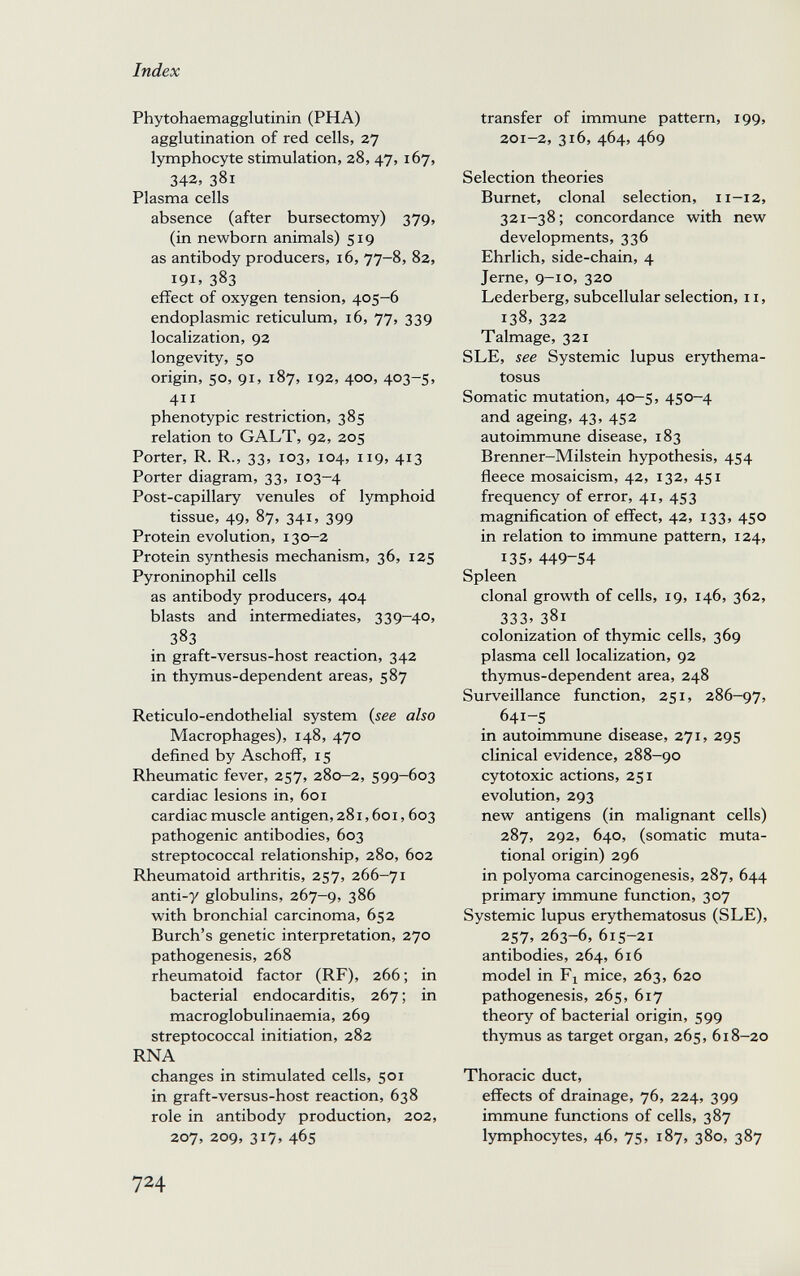 Index Phytohaemagglutinin (PHA) agglutination of red cells, 27 lymphocyte stimulation, 28,47, 167, 342, 381 Plasma cells absence (after bursectomy) 379, (in newborn animals) 519 as antibody producers, 16, 77-8, 82, 191. 383 effect of oxygen tension, 405-6 endoplasmic reticulum, 16, 77, 339 localization, 92 longevity, 50 origin, 50, 91, 187, 192, 400, 403-5. 411 phenotypic restriction, 385 relation to GALT, 92, 205 Porter, R. R., 33, 103, 104, 119, 413 Porter diagram, 33, 103-4 Post-capillary venules of lymphoid tissue, 49, 87, 341, 399 Protein evolution, 130-2 Protein synthesis mechanism, 36, 125 Pyroninophil cells as antibody producers, 404 blasts and intermediates, 339-40, 383 in graft-versus-host reaction, 342 in thymus-dependent areas, 587 Reticulo-endothelial system {see also Macrophages), 148, 470 defined by Aschoff, 15 Rheumatic fever, 257, 280-2, 599-603 cardiac lesions in, 601 cardiac muscle antigen, 281,601,603 pathogenic antibodies, 603 streptococcal relationship, 280, 602 Rheumatoid arthritis, 257, 266-71 anti-y globulins, 267-9, 386 with bronchial carcinoma, 652 Burch's genetic interpretation, 270 pathogenesis, 268 rheumatoid factor (RF), 266 ; in bacterial endocarditis, 267 ; in macroglobulinaemia, 269 streptococcal initiation, 282 RNA changes in stimulated cells, 501 in graft-versus-host reaction, 638 role in antibody production, 202, 207, 209, 317. 465 transfer of immune pattern, 199, 201-2, 316, 464, 469 Selection theories Burnet, clonal selection, 11-12, 321-38; concordance with new developments, 336 Ehrlich, side-chain, 4 Jerne, 9-10, 320 Lederberg, subcellular selection, 11, 138, 322 Talmage, 321 SLE, see Systemic lupus erythema¬ tosus Somatic mutation, 40-5, 450—4 and ageing, 43, 452 autoimmune disease, 183 Brenner-Milstein hypothesis, 454 fleece mosaicism, 42, 132, 451 frequency of error, 41, 453 magnification of effect, 42, 133, 450 in relation to immune pattern, 124, 135. 449-54 Spleen clonal growth of cells, 19, 146, 362, 333. 381 colonization of thymic cells, 369 plasma cell localization, 92 thymus-dependent area, 248 Surveillance function, 251, 286—97, 641-5 in autoimmune disease, 271, 295 clinical evidence, 288-90 cytotoxic actions, 251 evolution, 293 new antigens (in malignant cells) 287, 292, 640, (somatic muta¬ tional origin) 296 in polyoma carcinogenesis, 287, 644 primary immune function, 307 Systemic lupus erythematosus (SLE), 257, 263-6, 615-21 antibodies, 264, 616 model in Fi mice, 263, 620 pathogenesis, 265, 617 theory of bacterial origin, 599 thymus as target organ, 265, 618-20 Thoracic duct, effects of drainage, 76, 224, 399 immune functions of cells, 387 lymphocytes, 46, 75, 187, 380, 387 724