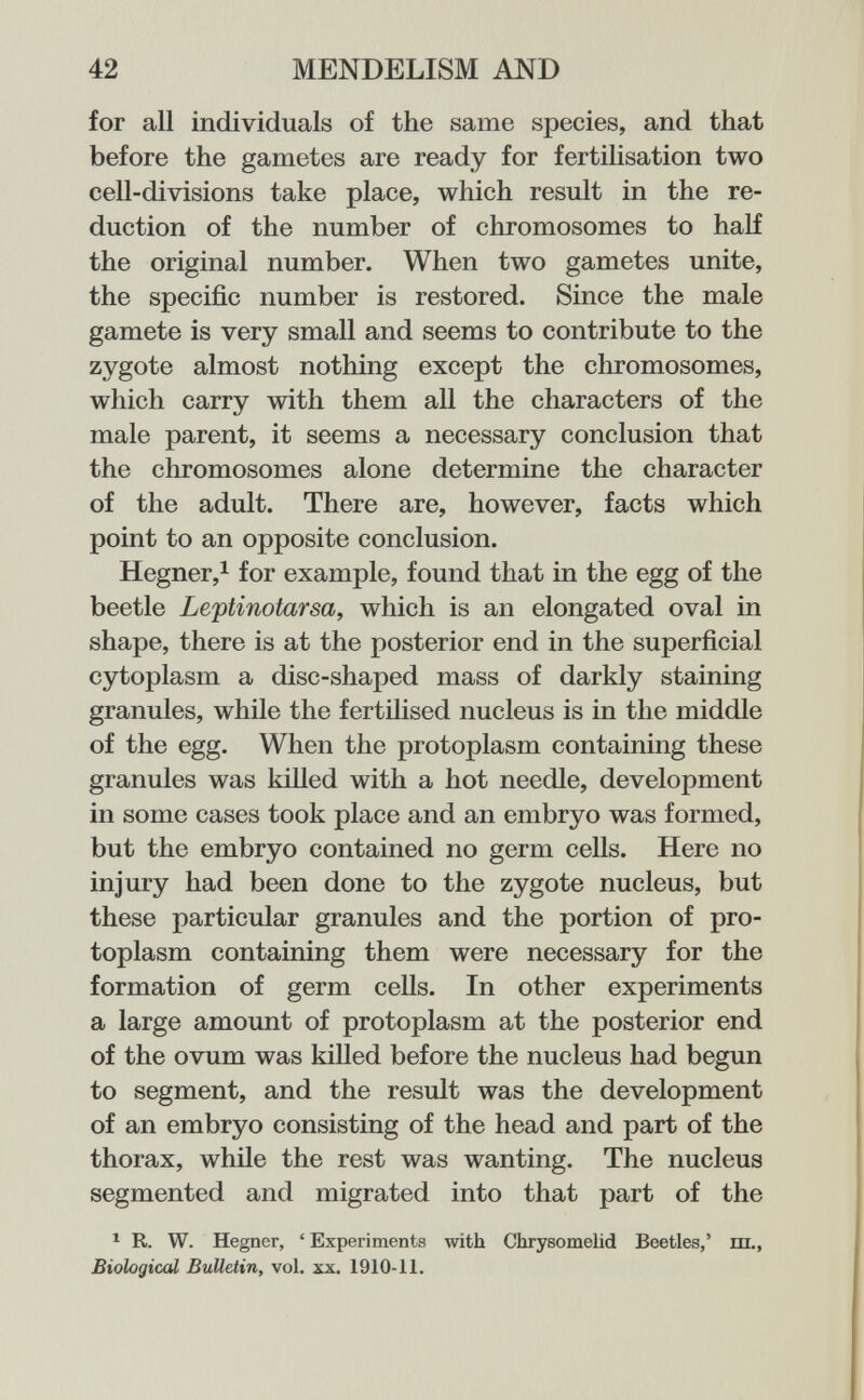 42 MENDELISM AND for all individuals of the same species, and that before the gametes are ready for fertilisation two cell-divisions take place, which result in the re¬ duction of the number of chromosomes to half the original number. When two gametes unite, the specific number is restored. Since the male gamete is very small and seems to contribute to the zygote almost nothing except the chromosomes, which carry with them all the characters of the male parent, it seems a necessary conclusion that the chromosomes alone determine the character of the adult. There are, however, facts which point to an opposite conclusion. Hegner,! for example, found that in the egg of the beetle Leftinotarsa, which is an elongated oval in shape, there is at the posterior end in the superficial cytoplasm a disc-shaped mass of darkly staining granules, while the fertilised nucleus is in the middle of the egg. When the protoplasm containing these granules was killed with a hot needle, development in some cases took place and an embryo was formed, but the embryo contained no germ cells. Here no injury had been done to the zygote nucleus, but these particular granules and the portion of pro¬ toplasm containing them were necessary for the formation of germ cells. In other experiments a large amount of protoplasm at the posterior end of the ovum was killed before the nucleus had begun to segment, and the result was the development of an embryo consisting of the head and part of the thorax, while the rest was wanting. The nucleus segmented and migrated into that part of the ^ R. W. Hegner, ' Experiments with Chrysomelid Beetles,' ш., Biological Bulletin, vol. xx. 1910-11.