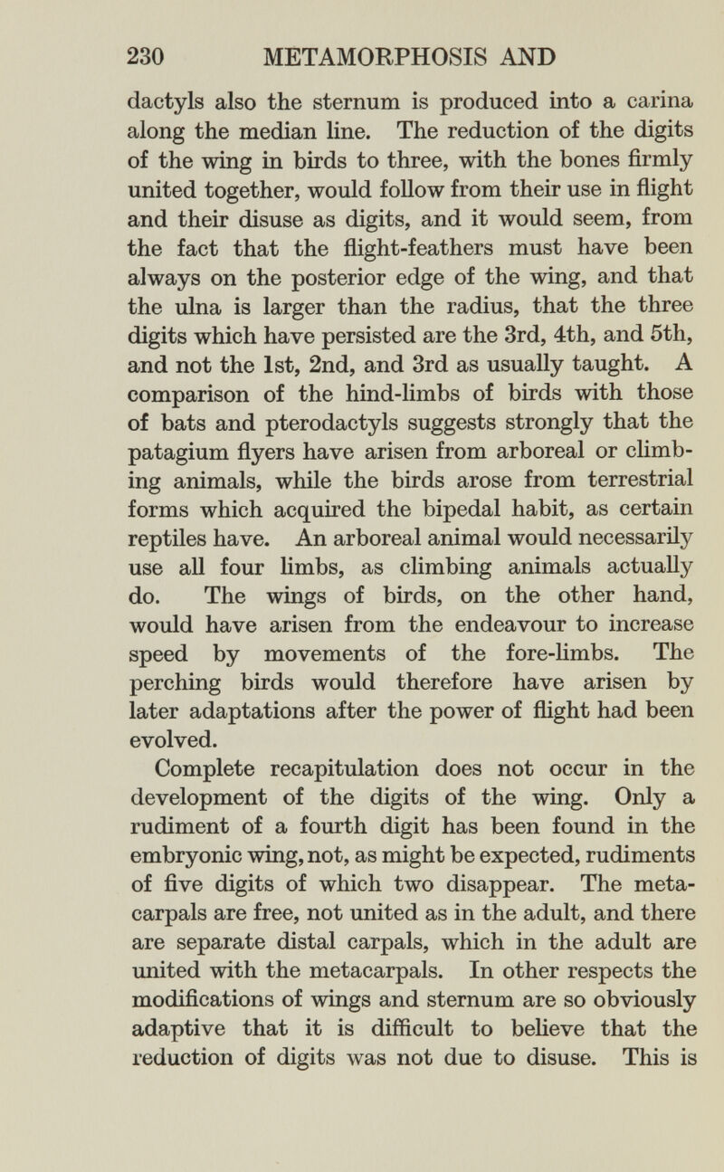 230 METAMORPHOSIS AND dactyls also the sternum is produced into a carina along the median line. The reduction of the digits of the wing in birds to three, with the bones firmly united together, would follow from their use in flight and their disuse as digits, and it would seem, from the fact that the flight-feathers must have been always on the posterior edge of the wing, and that the ulna is larger than the radius, that the three digits which have persisted are the 3rd, 4th, and 5th, and not the 1st, 2nd, and 3rd as usually taught. A comparison of the hind-limbs of birds with those of bats and pterodactyls suggests strongly that the patagium flyers have arisen from arboreal or climb¬ ing animals, while the birds arose from terrestrial forms which acquired the bipedal habit, as certain reptiles have. An arboreal animal would necessarily use all four limbs, as climbing animals actually do. The wings of birds, on the other hand, would have arisen from the endeavour to increase speed by movements of the fore-limbs. The perching birds would therefore have arisen by later adaptations after the power of flight had been evolved. Complete recapitulation does not occur in the development of the digits of the wing. Only a rudiment of a fourth digit has been found in the embryonic wing, not, as might be expected, rudiments of five digits of which two disappear. The meta¬ carpals are free, not united as in the adult, and there are separate distal carpals, which in the adult are imited with the metacarpals. In other respects the modifications of wings and sternum are so obviously adaptive that it is difficult to beheve that the reduction of digits was not due to disuse. This is