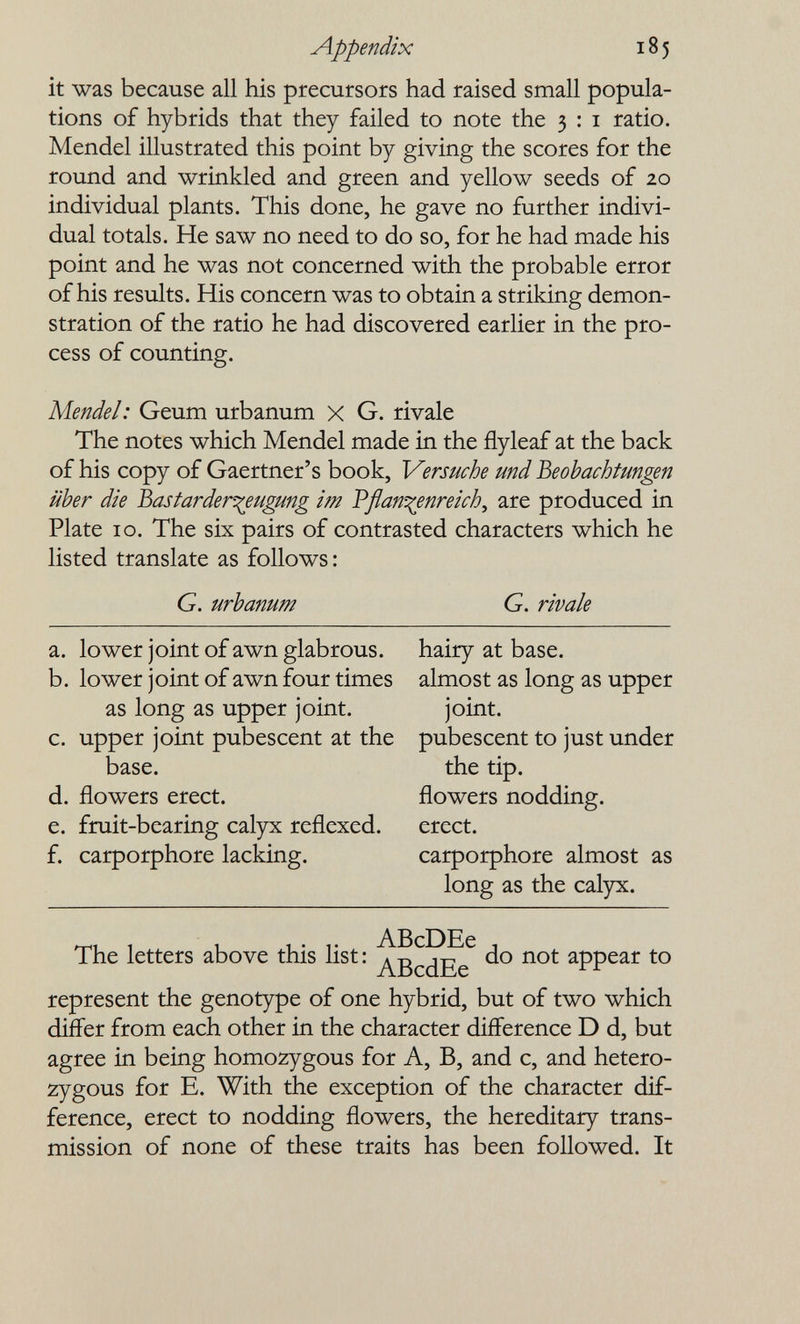 Appendix 185 it was because all his precursors had raised small popula¬ tions of hybrids that they failed to note the 3 : i ratio. Mendel illustrated this point by giving the scores for the round and wrinkled and green and yellow seeds of 20 individual plants. This done, he gave no further indivi¬ dual totals. He saw no need to do so, for he had made his point and he was not concerned with the probable error of his results. His concern was to obtain a striking demon¬ stration of the ratio he had discovered earlier in the pro¬ cess of counting. Mendel: Geum urbanum x G. rivale The notes which Mendel made in the flyleaf at the back of his copy of Gaertner's book. Versuche und Beobachtungen über die Bastarder^eugung im Pflanzenreich^ are produced in Plate 10. The six pairs of contrasted characters which he listed translate as follows : G. urbanum G. rivale a. lower joint of awn glabrous, hairy at base. b. lower joint of awn four times almost as long as upper as long as upper joint. joint. c. upper joint pubescent at the pubescent to just under base. the tip. d. flowers erect. flowers nodding. e. fruit-bearing calyx reflexed. erect. f. carporphore lacking. carporphore almost as long as the calyx. The letters above this list: appear to represent the genotype of one hybrid, but of two which difler from each other in the character difference D d, but agree in being homozygous for A, B, and c, and hetero¬ zygous for E. With the exception of the character dif¬ ference, erect to nodding flowers, the hereditary trans¬ mission of none of these traits has been followed. It